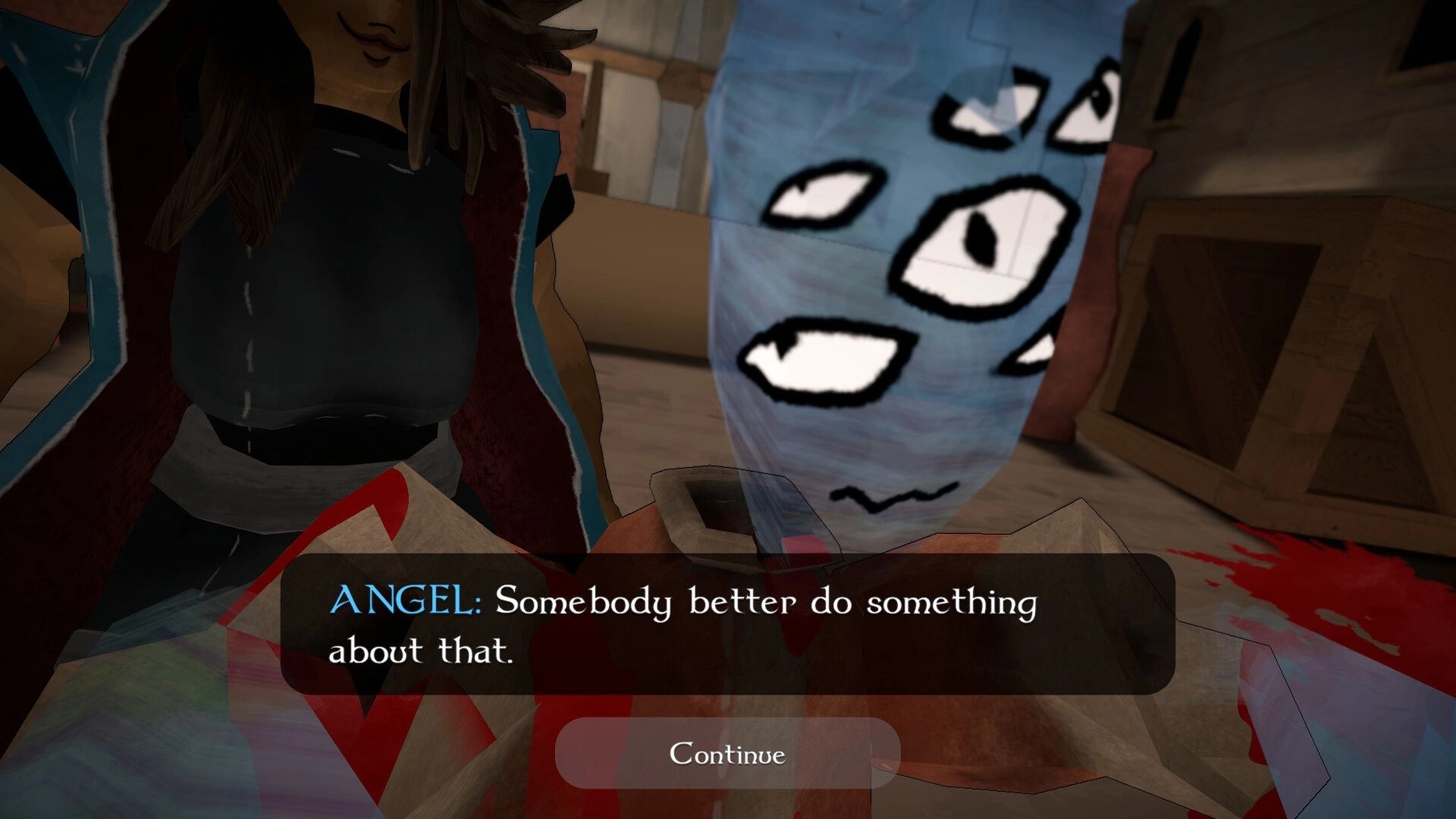 Eden's Inferno: Dialogue scene with Angel and mysterious floating mask in a dimly lit room.