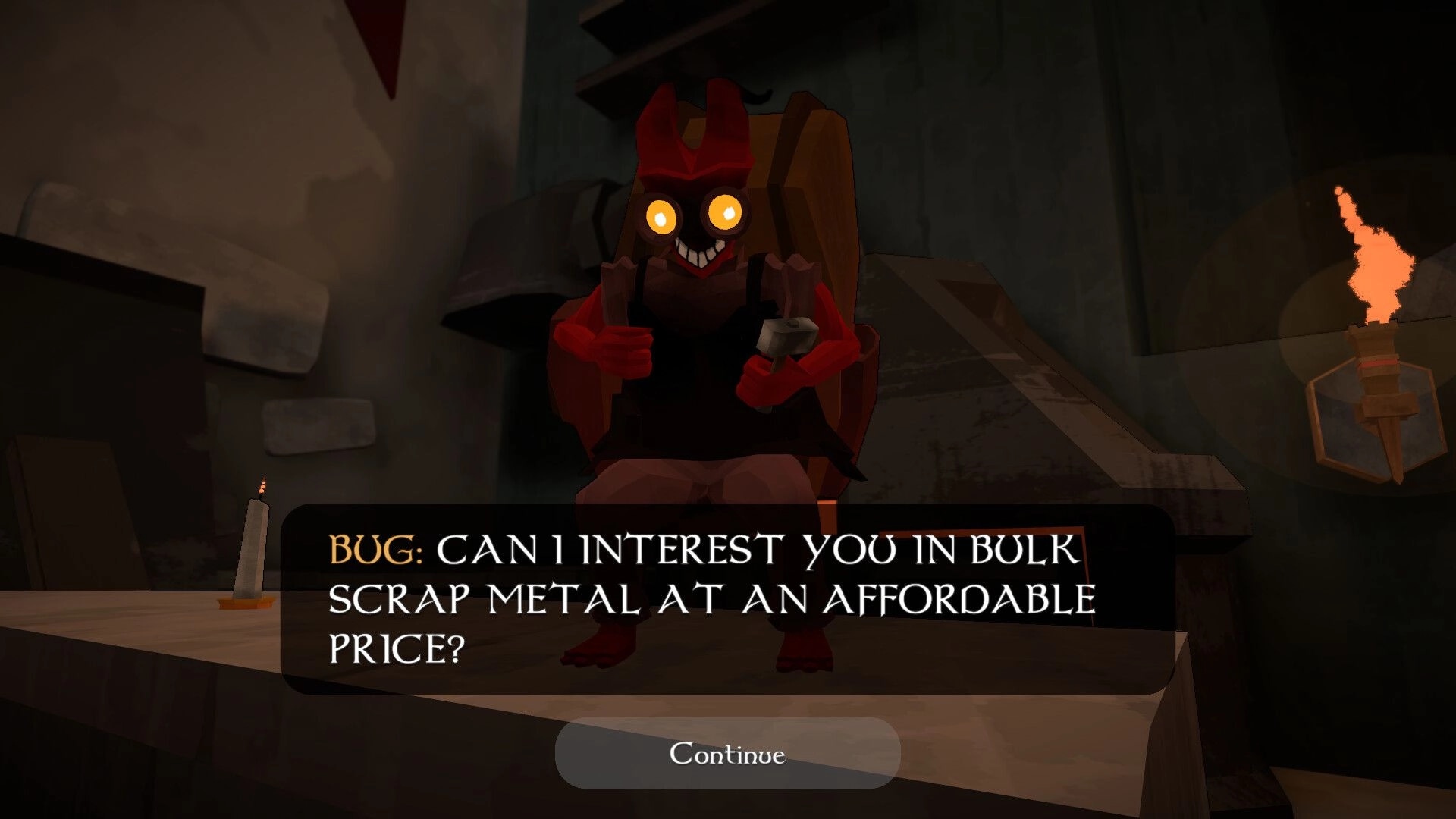 Eden's Inferno: Bug character offering bulk scrap metal in a dimly lit, shadowy room setting