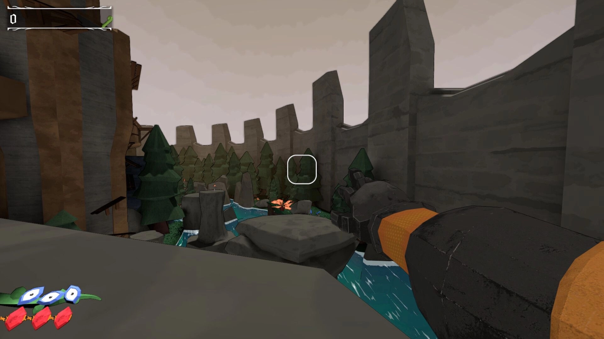 Eden's Inferno: First-person view with crosshair, exploring forested canyon with stone walls and river.