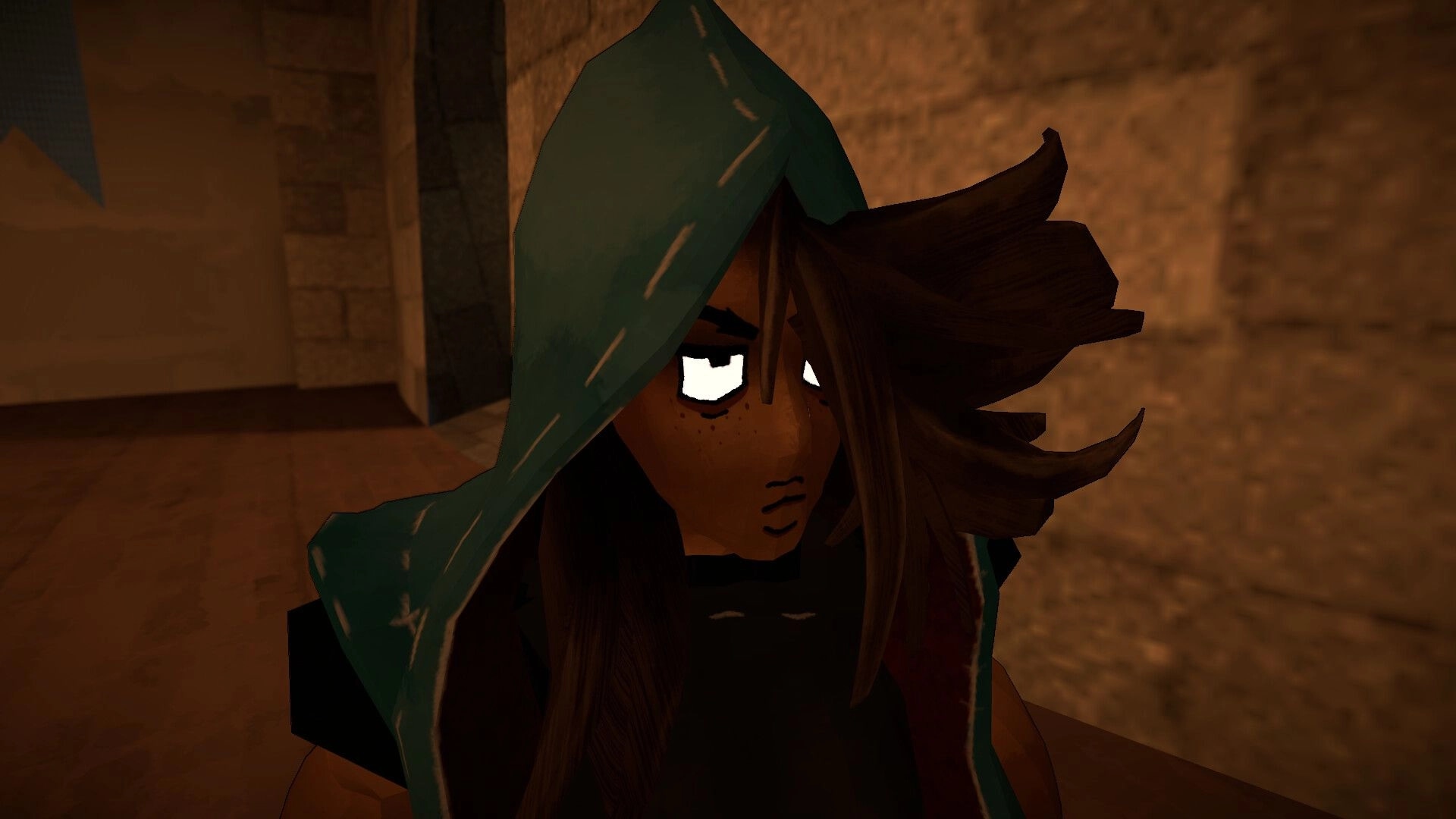 Eden's Inferno: Hooded character with glowing eyes stands in dimly lit stone corridor.
