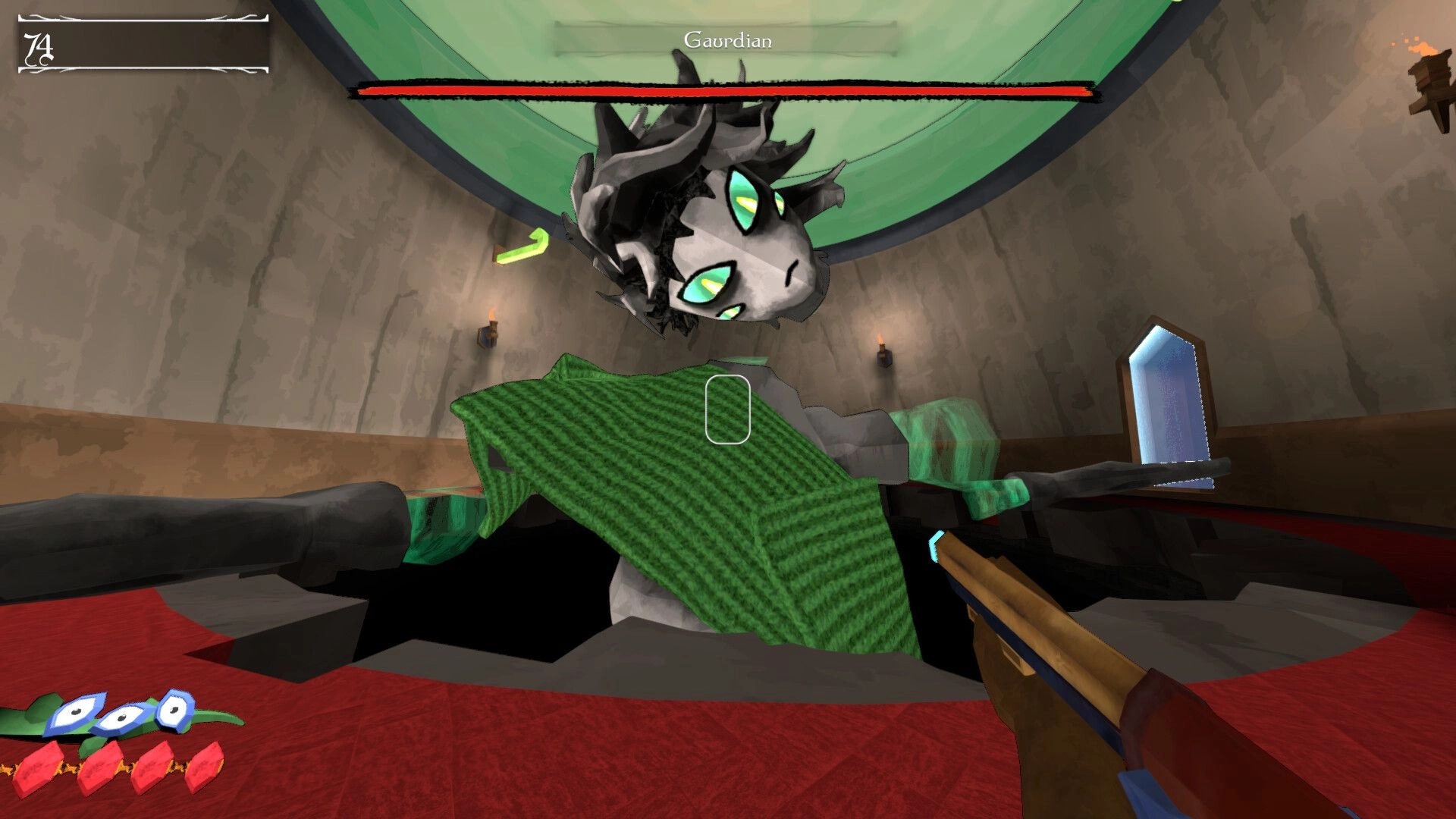 Eden's Inferno: First-person battle with the Guardian inside a circular chamber with green lighting.
