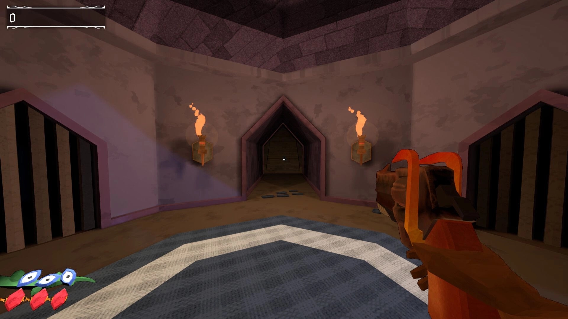 Eden's Inferno: First-person hallway view with torches on walls and weapon in hand in dungeon setting