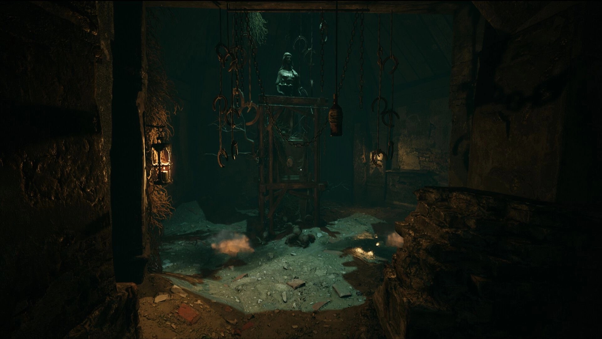 Edge Of Evil: Suspended chains and a statue in a dimly lit crypt, creating a haunting atmosphere