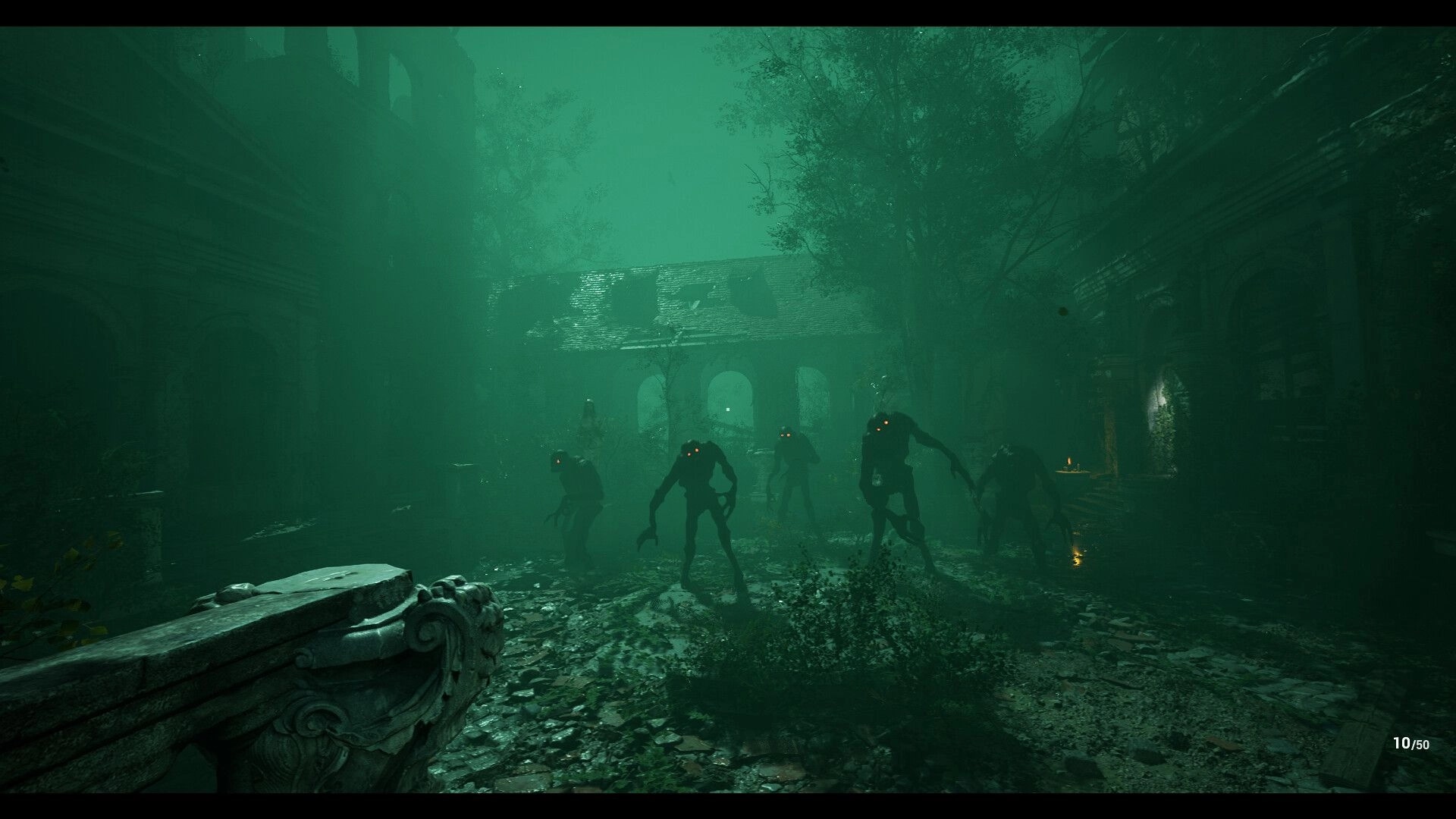 Edge Of Evil: Dark creatures with glowing eyes advancing in a misty, overgrown courtyard at night