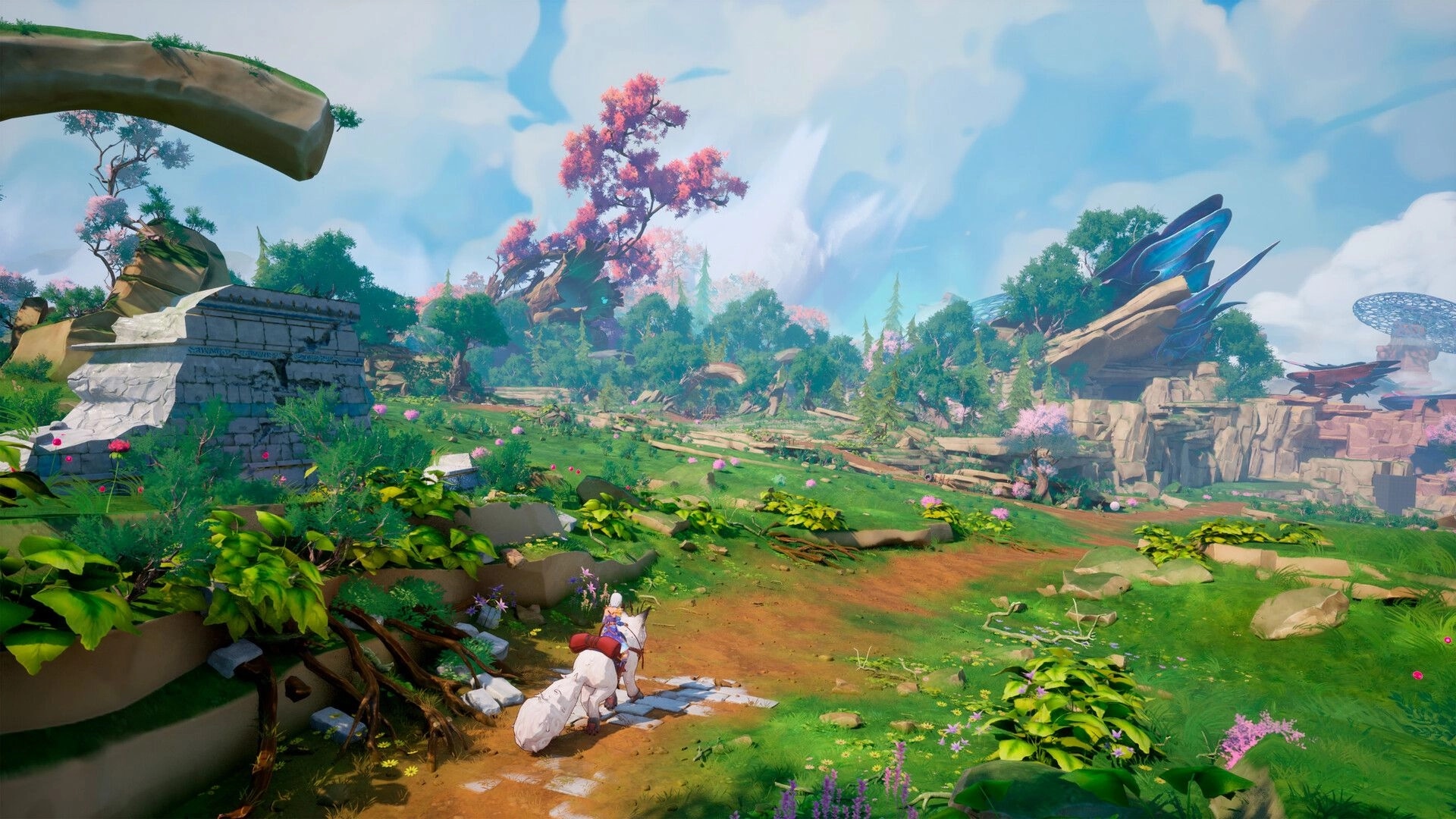 Edge of Memories: Rider on a white mount on a dirt path through lush ruins and pink-blossomed trees.