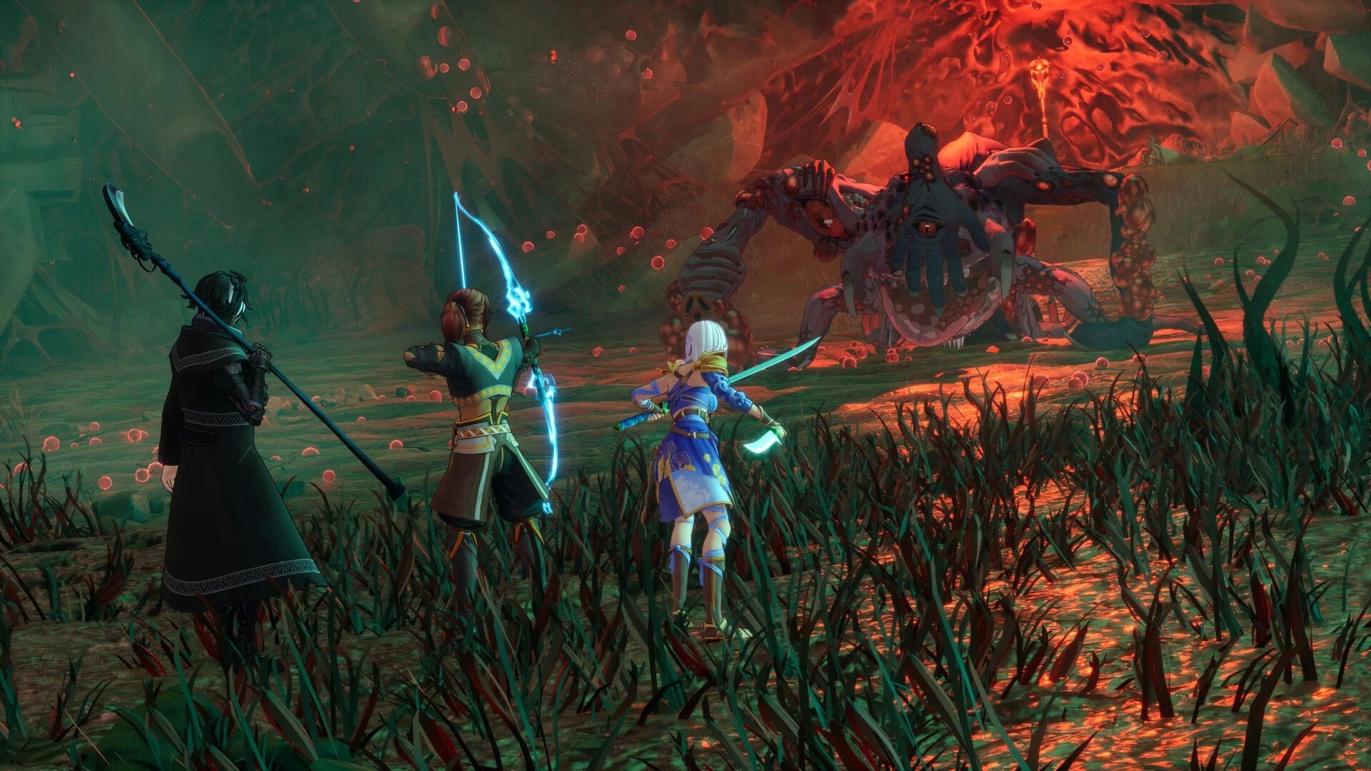 Edge of Memories: Party faces a mutated crab monster in a red Corrosion swamp, weapons drawn.