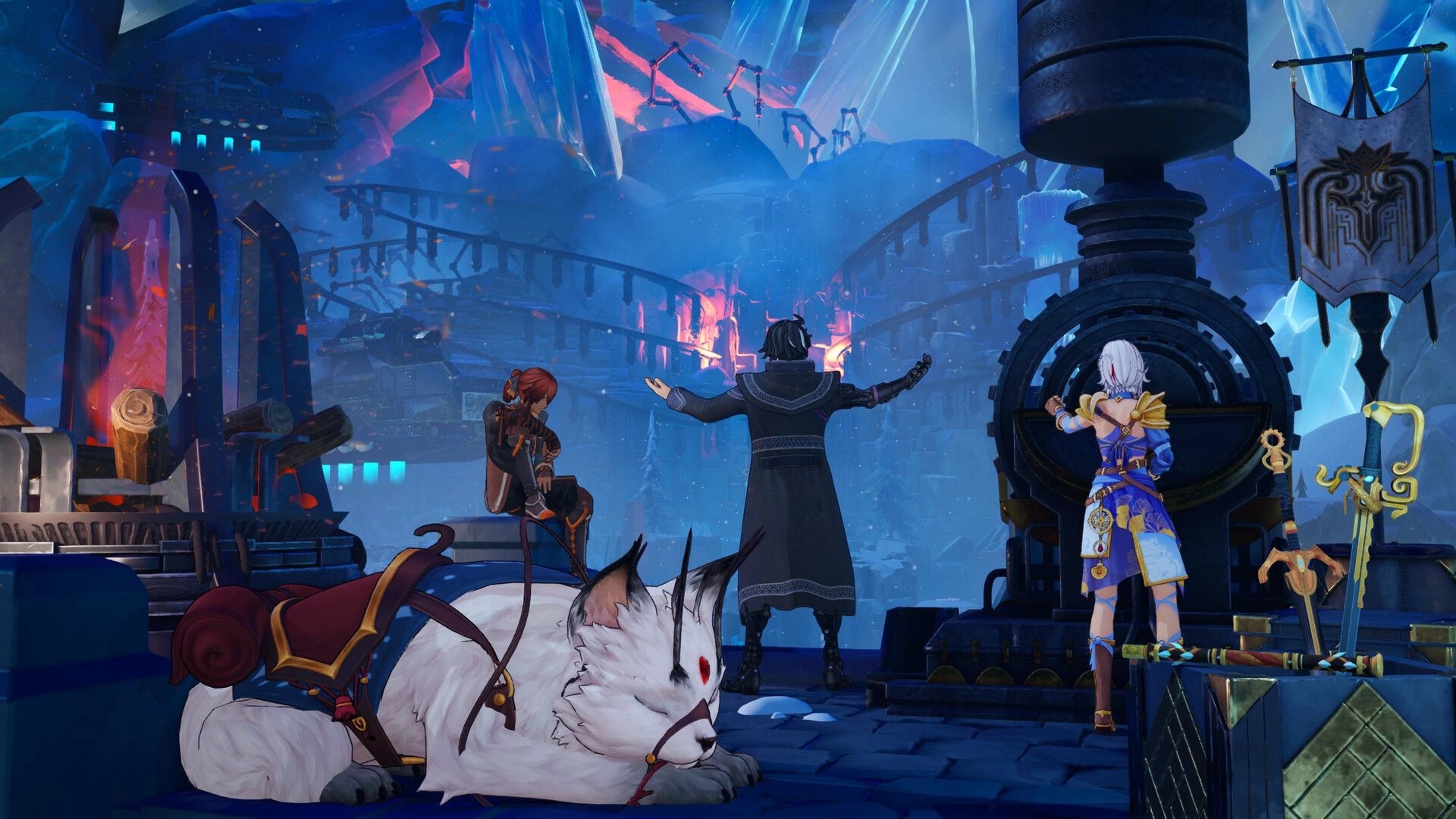 Edge of Memories: Three allies watch a blazing city from a snowy platform beside a sleeping wolf mount.