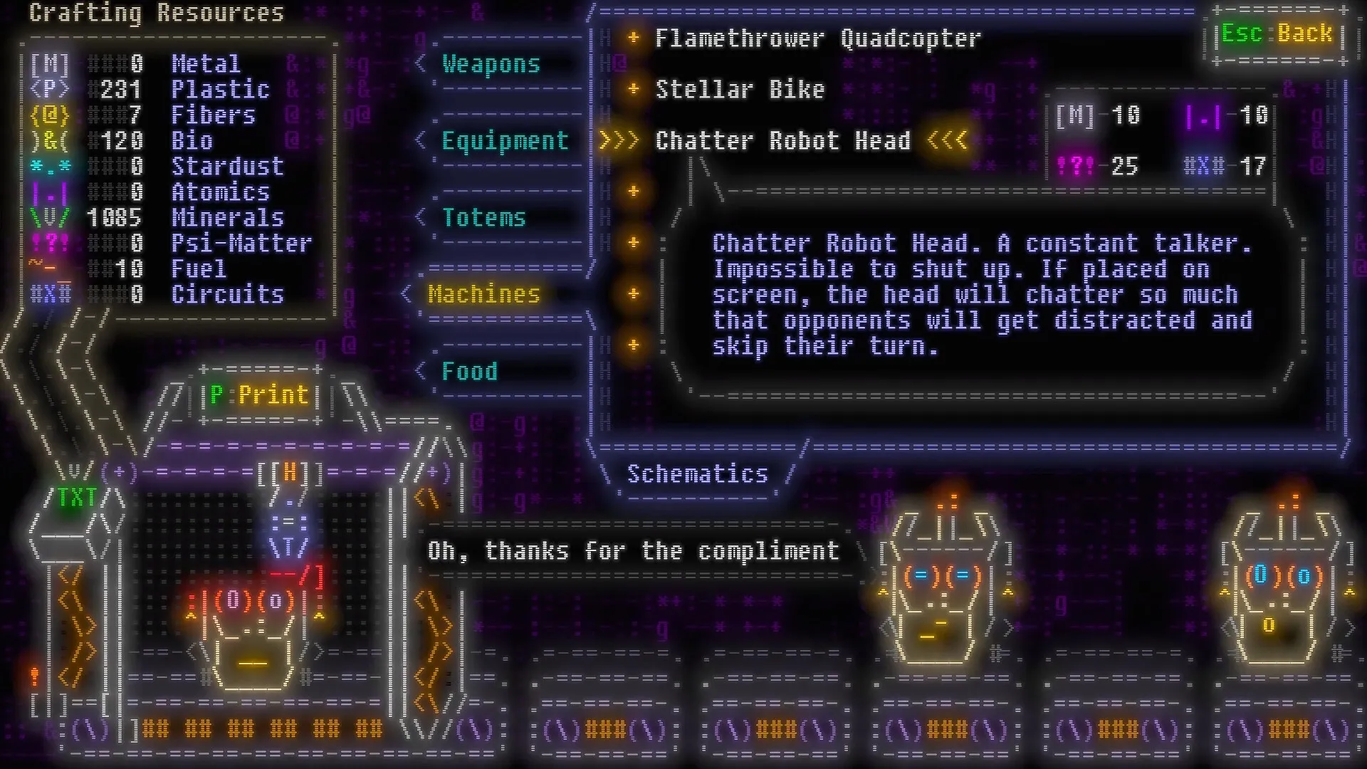 Effulgence: Crafting menu with resources list and Chatter Robot Head description in a digital interface