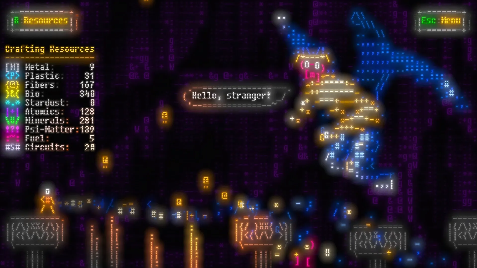 Effulgence: Crafting resources menu and dialogue with a stranger in a pixelated cosmic environment