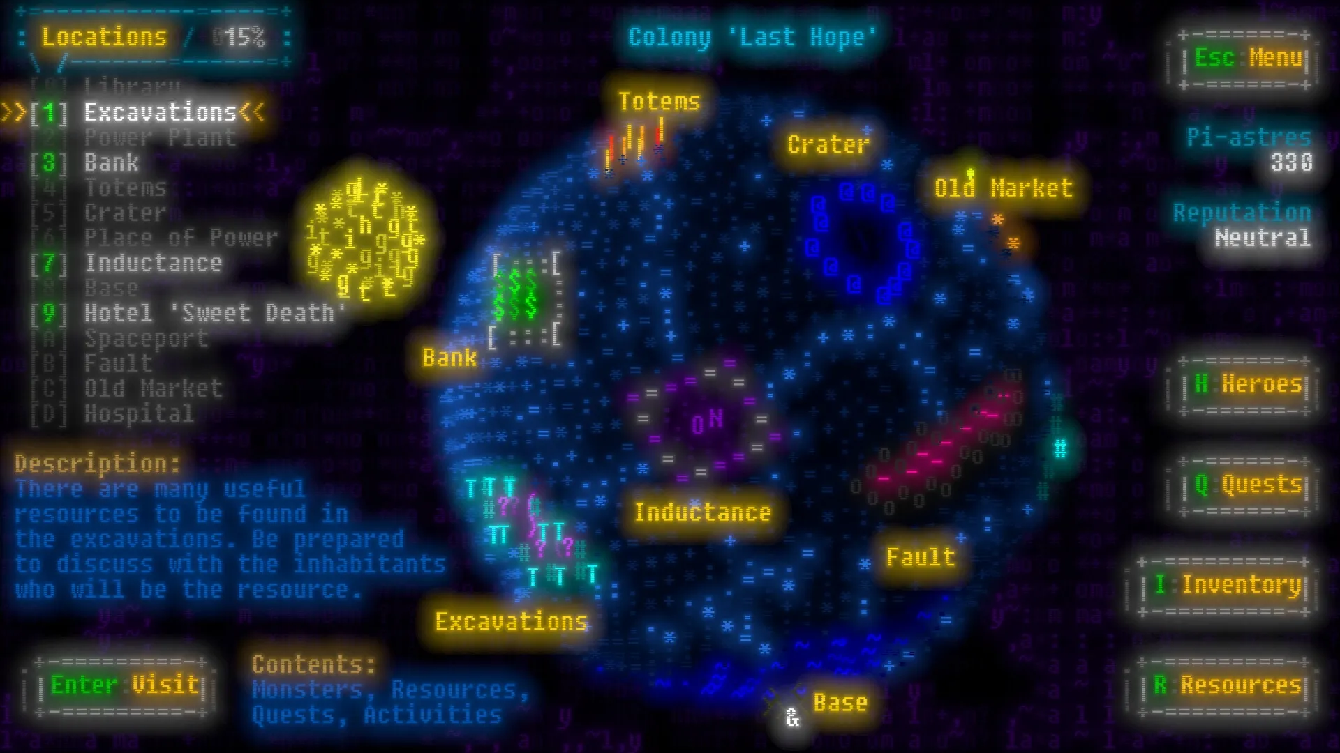 Effulgence: Detailed map interface showing locations like Colony 'Last Hope' and various menu options