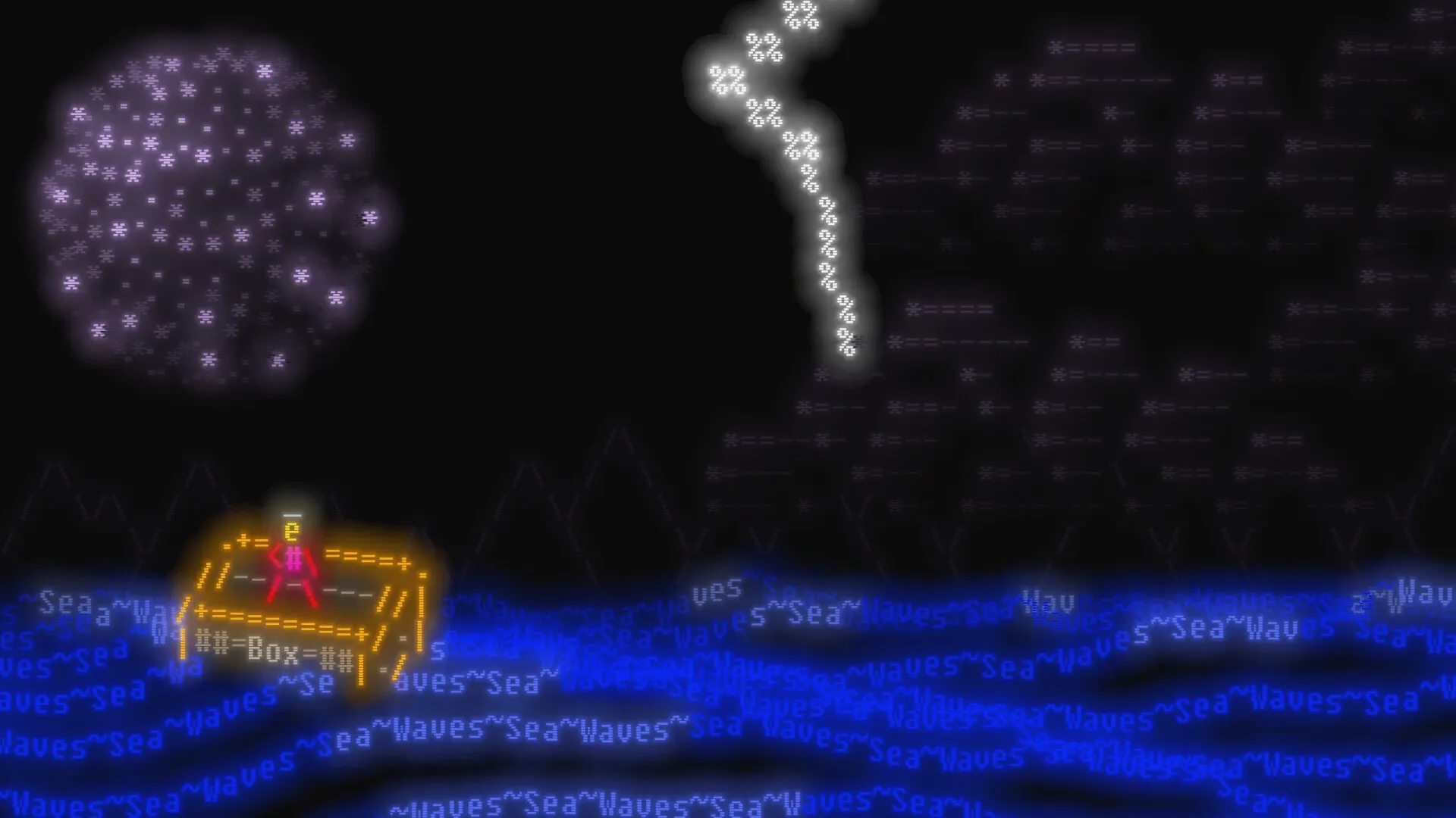 Effulgence: Character on glowing raft in ASCII sea under cosmic sky with nebula and galaxy symbols