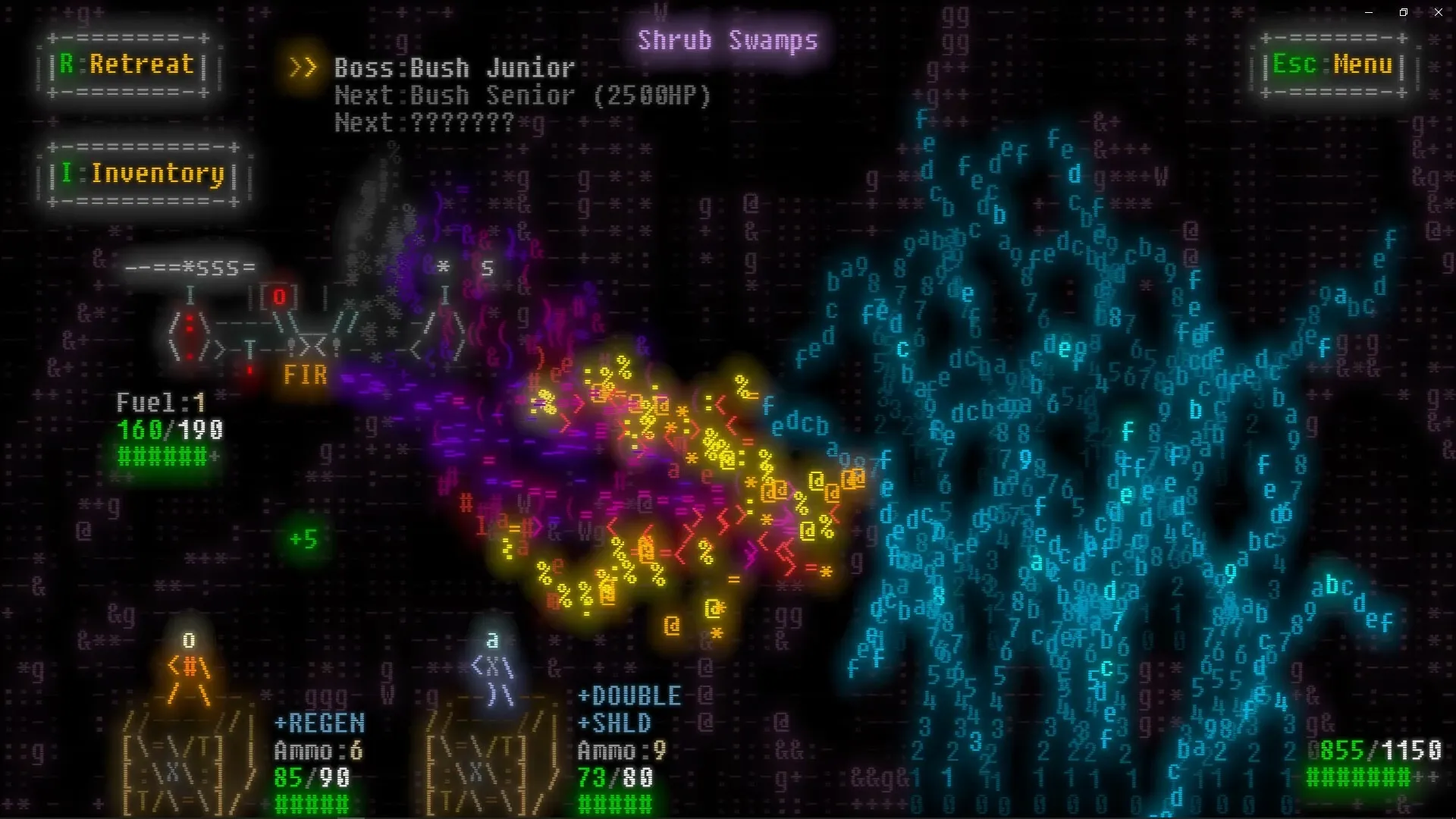 Effulgence: Combat in Shrub Swamps with ASCII enemies, boss info, and inventory UI displayed
