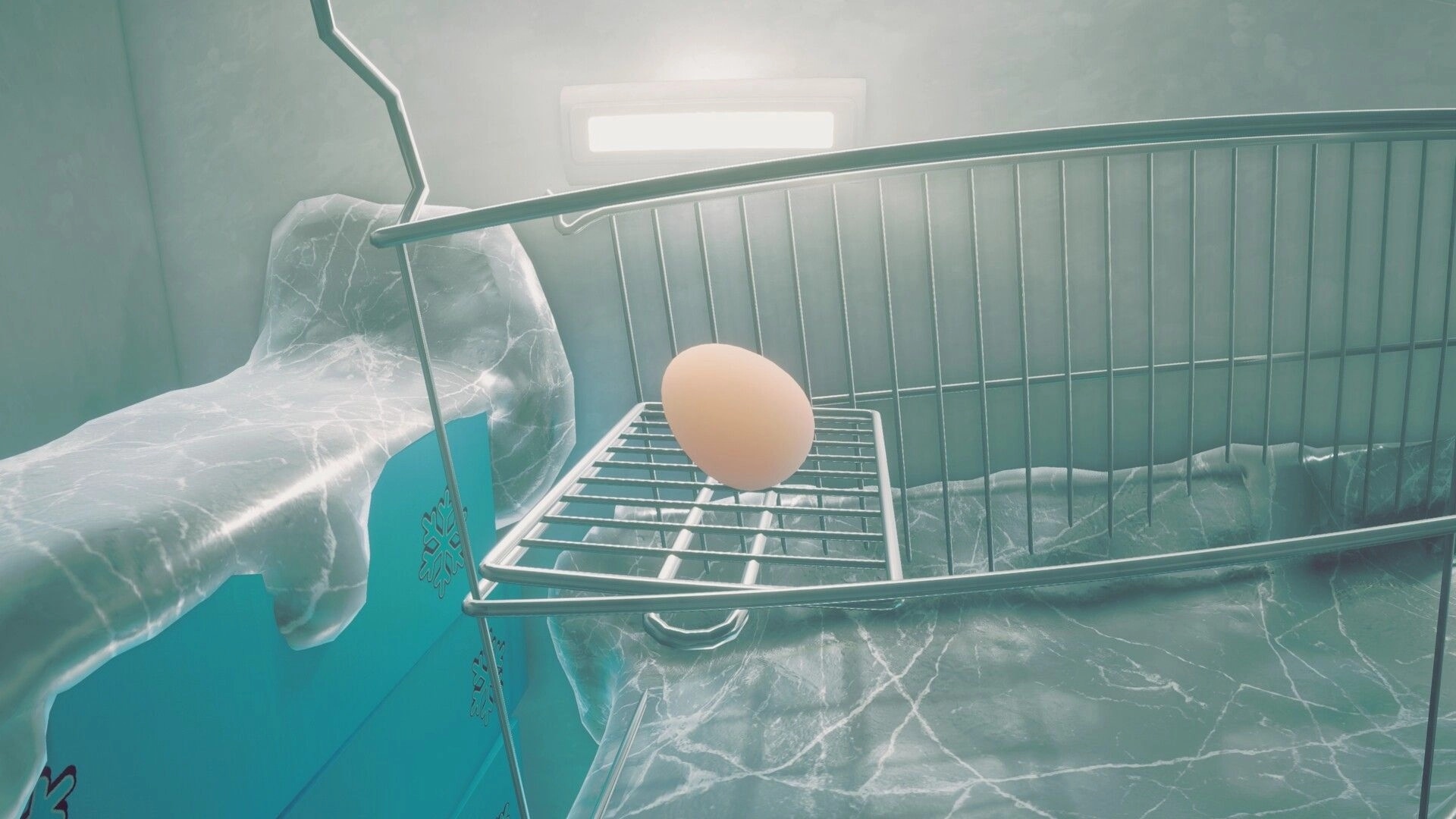 Egging On: Egg balancing precariously on a metal shelf in a cold, dimly lit refrigerator environment