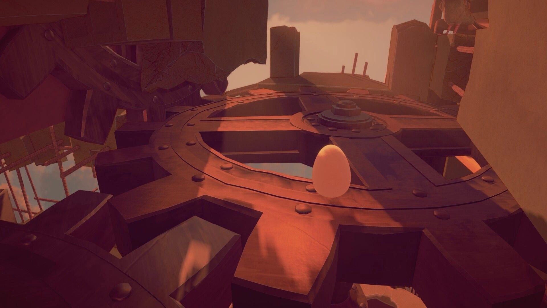 Egging On: Egg balancing on large wooden gear in a mechanical structure, light casting shadows