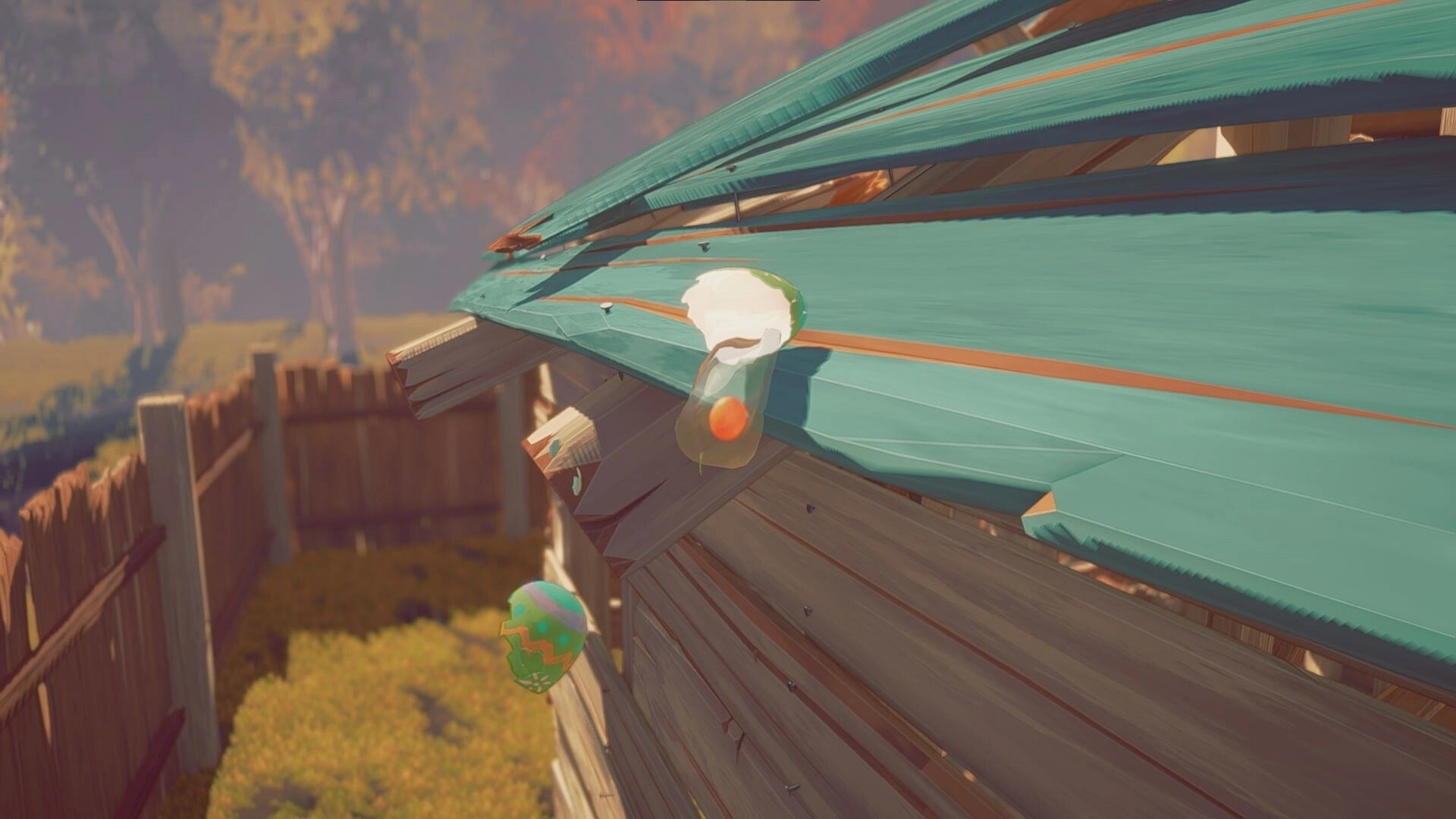Egging On: Eggshell precariously balanced on hen house roof amidst vibrant forest backdrop.