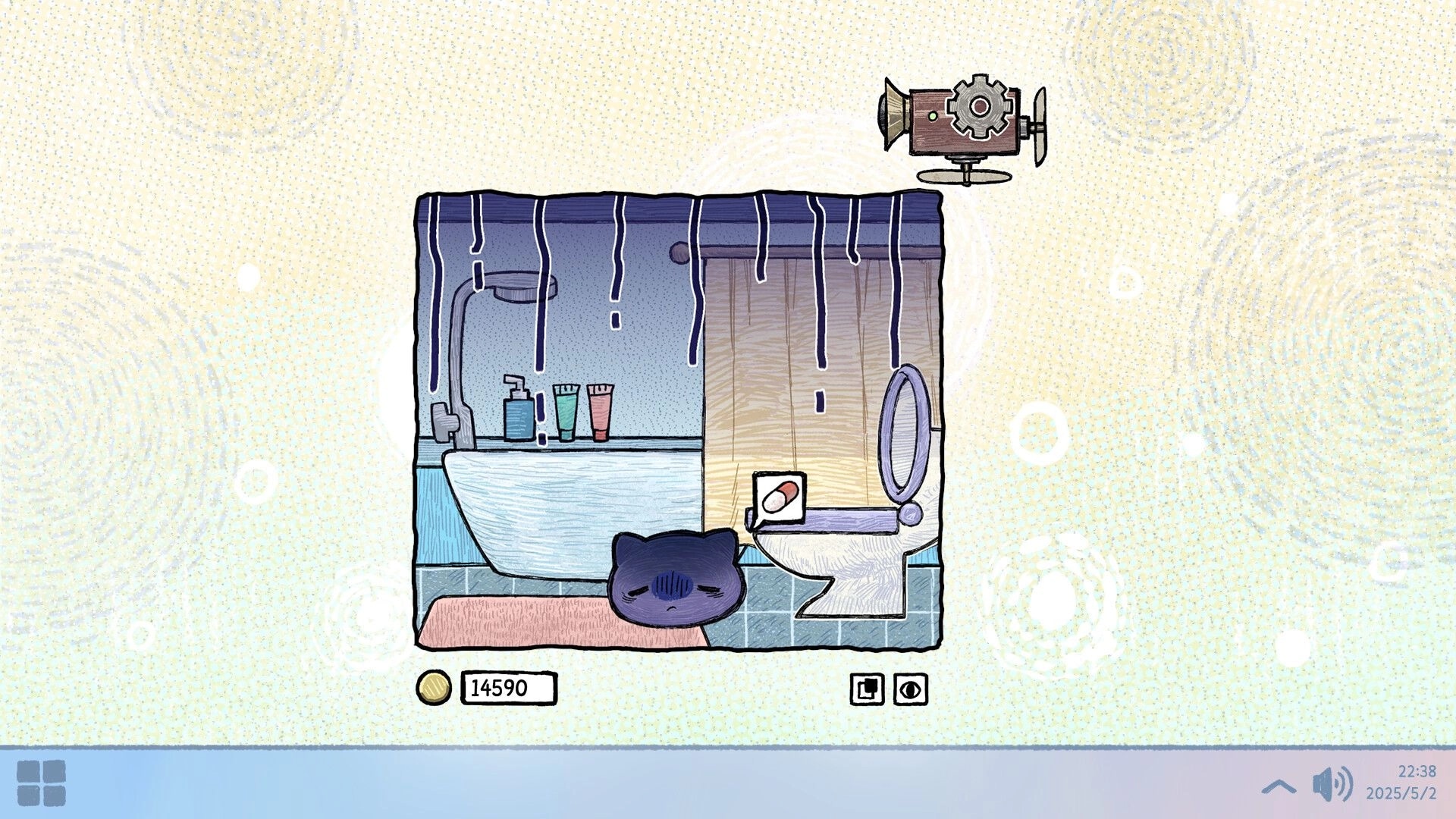 Eggo: Sleeping Eggo in a whimsical bathroom with a bathtub, toilet, and UI displaying coins and time