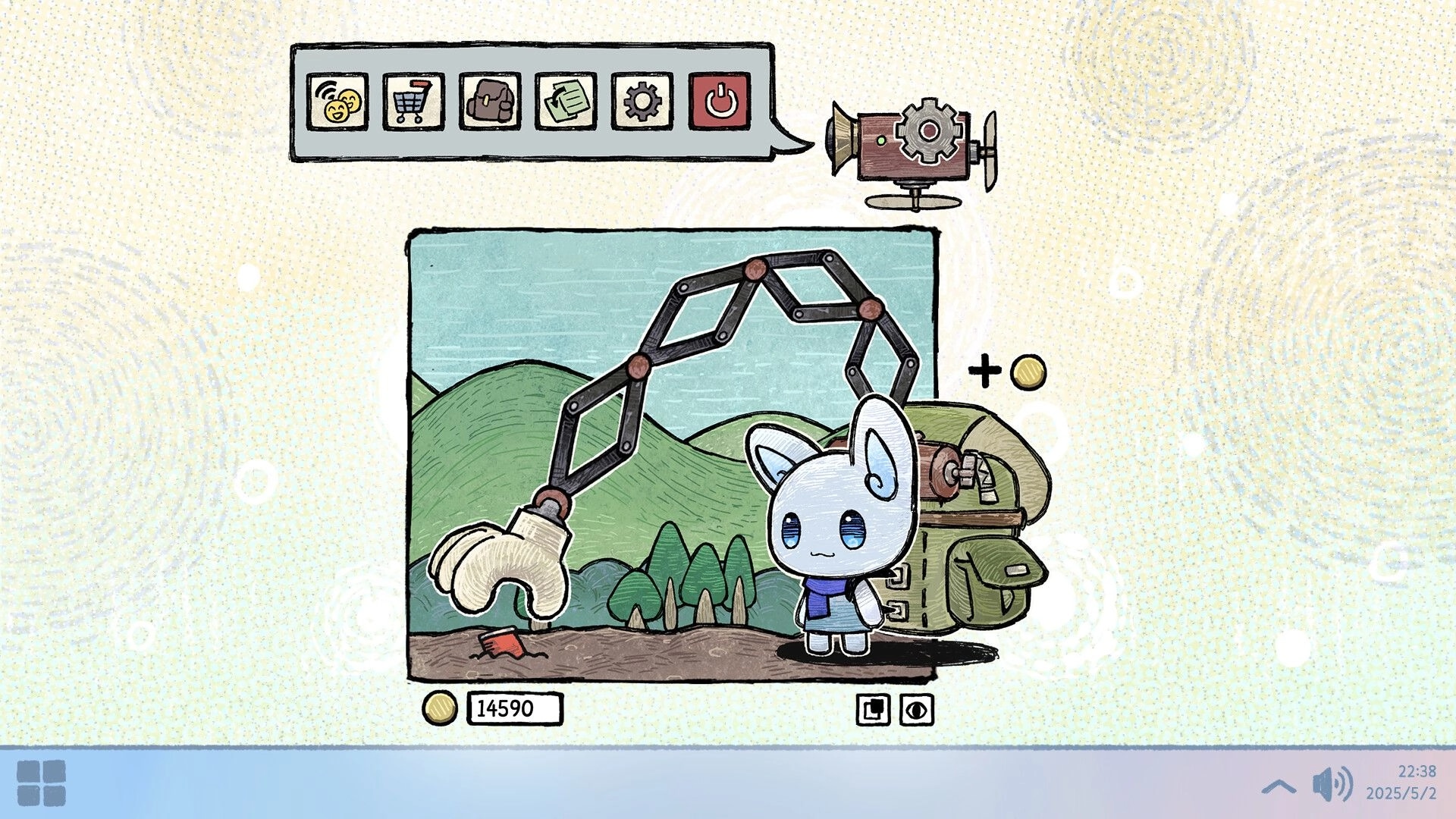Eggo: Blue Eggo with robotic arm in a hillside setting, UI icons for settings and currency visible