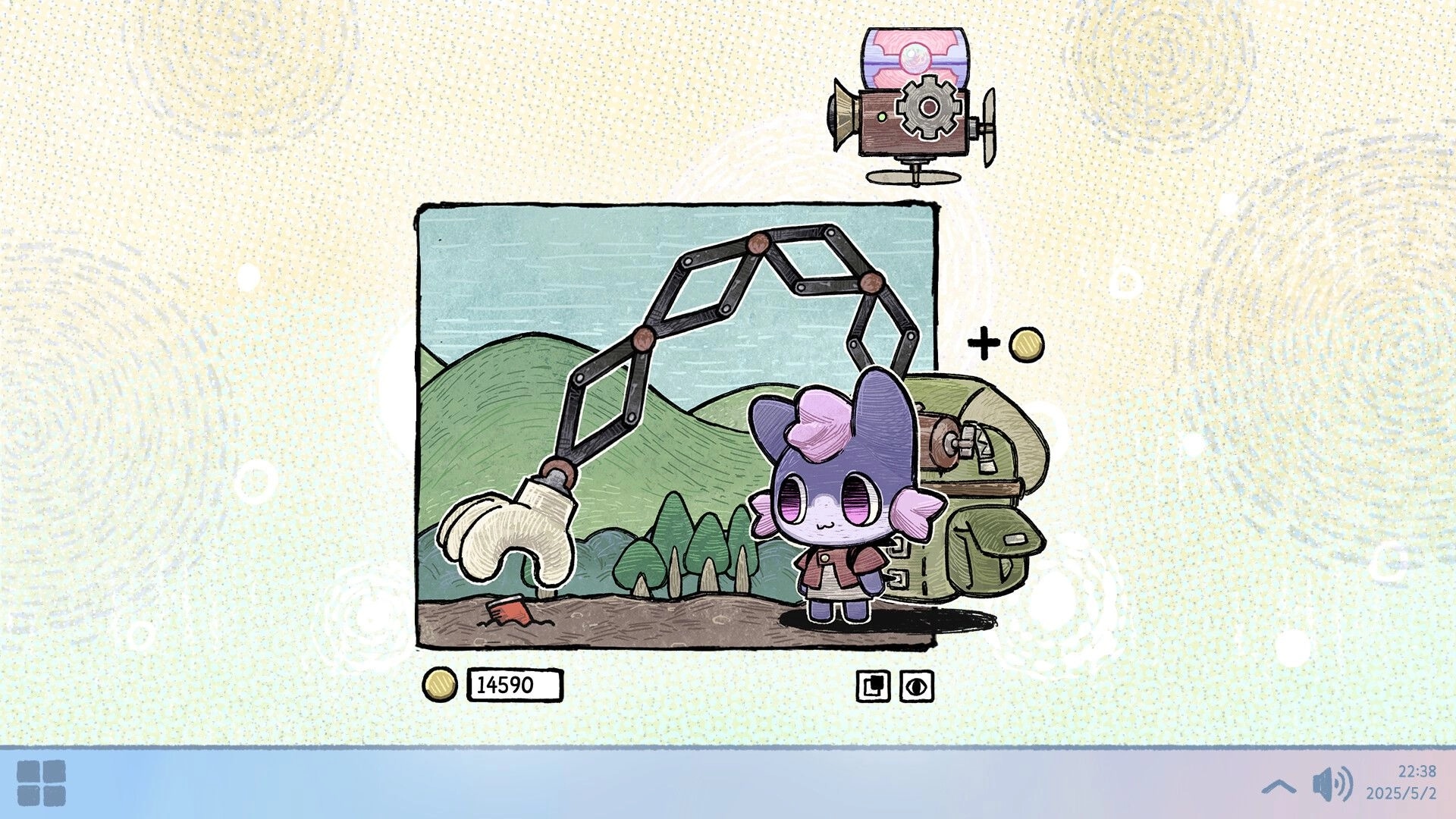 Eggo: Purple Eggo character with pink tuft stands beside mechanical arm in a scenic hilltop setting.