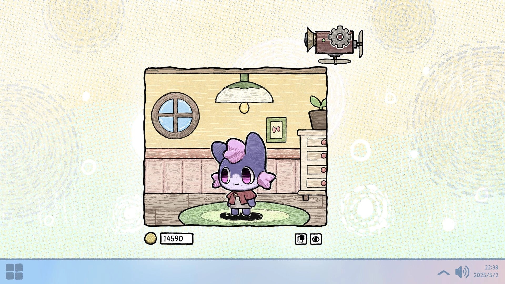Eggo: Cute character stands in a cozy room with circular window and plant, displaying 14590 coins.
