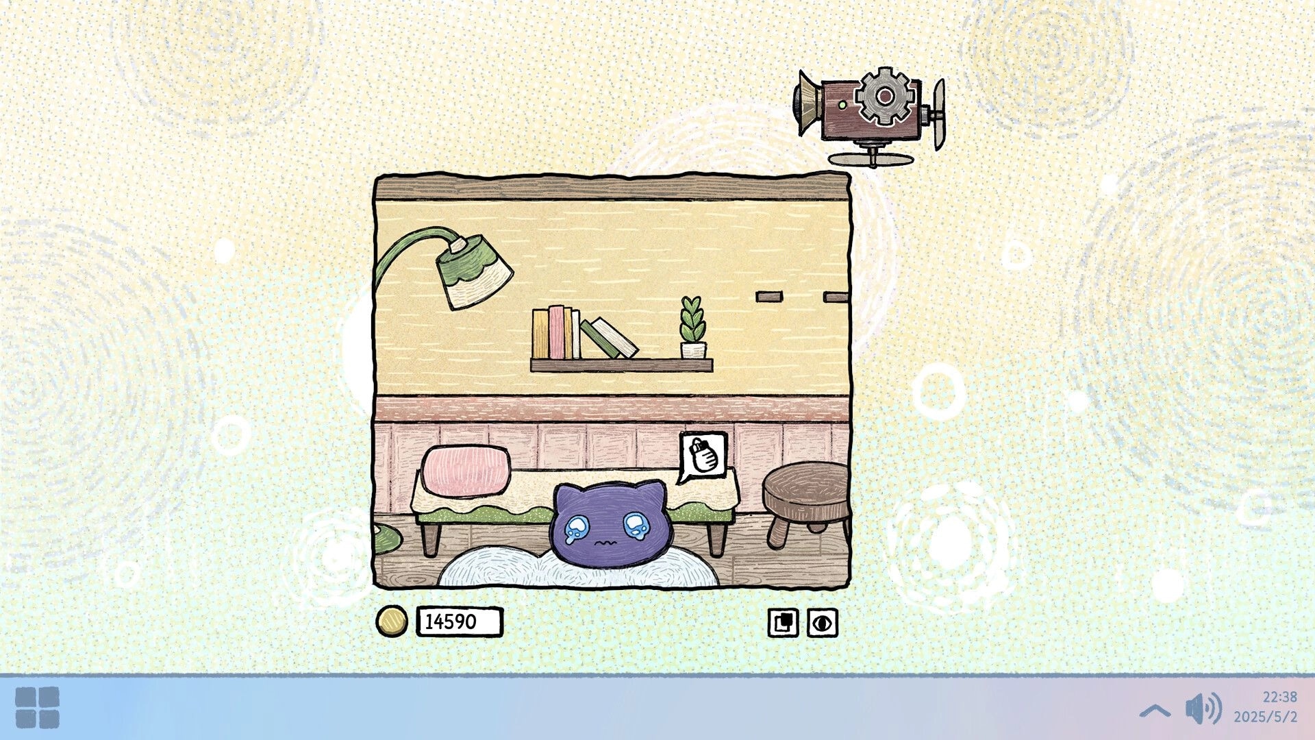 Eggo: Purple Eggo with tearful eyes on bed in cozy room setting, coin counter and time display visible