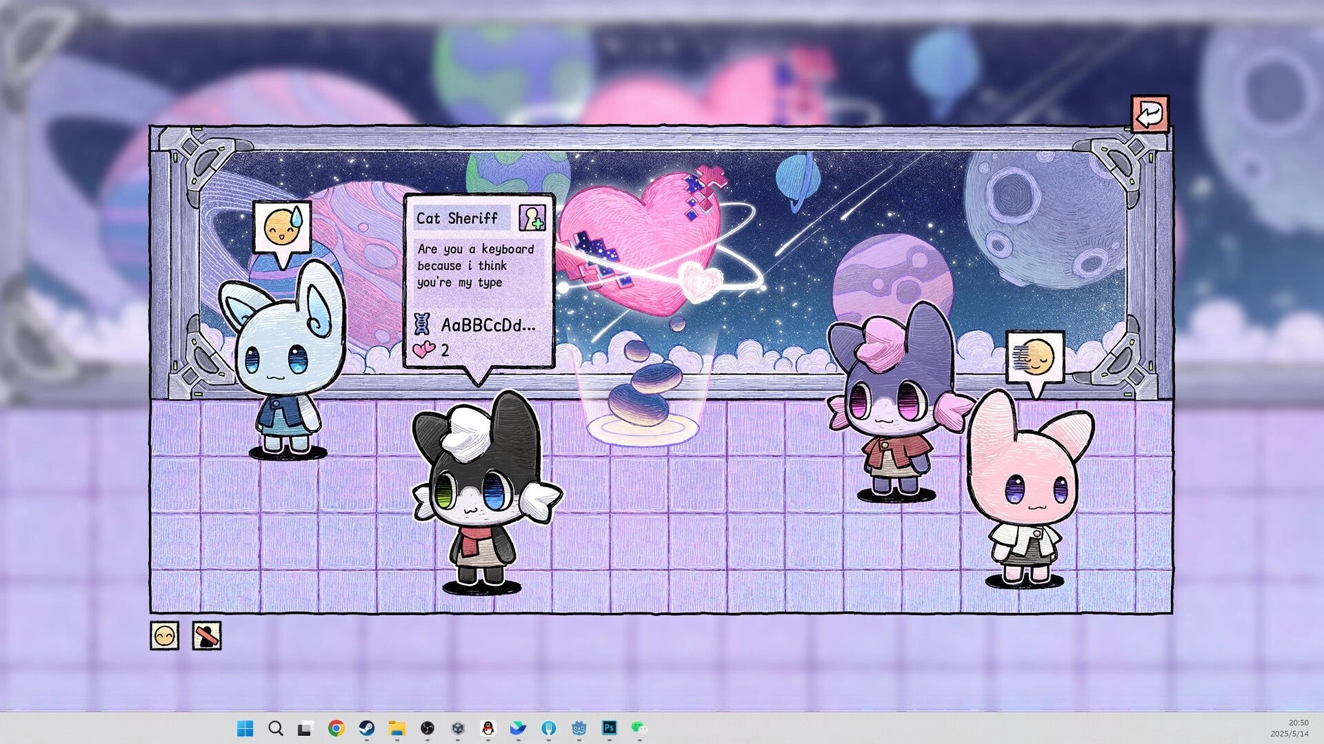 Eggo: Four characters interact in a space-themed room with heart dialogue and planets visible in the background.
