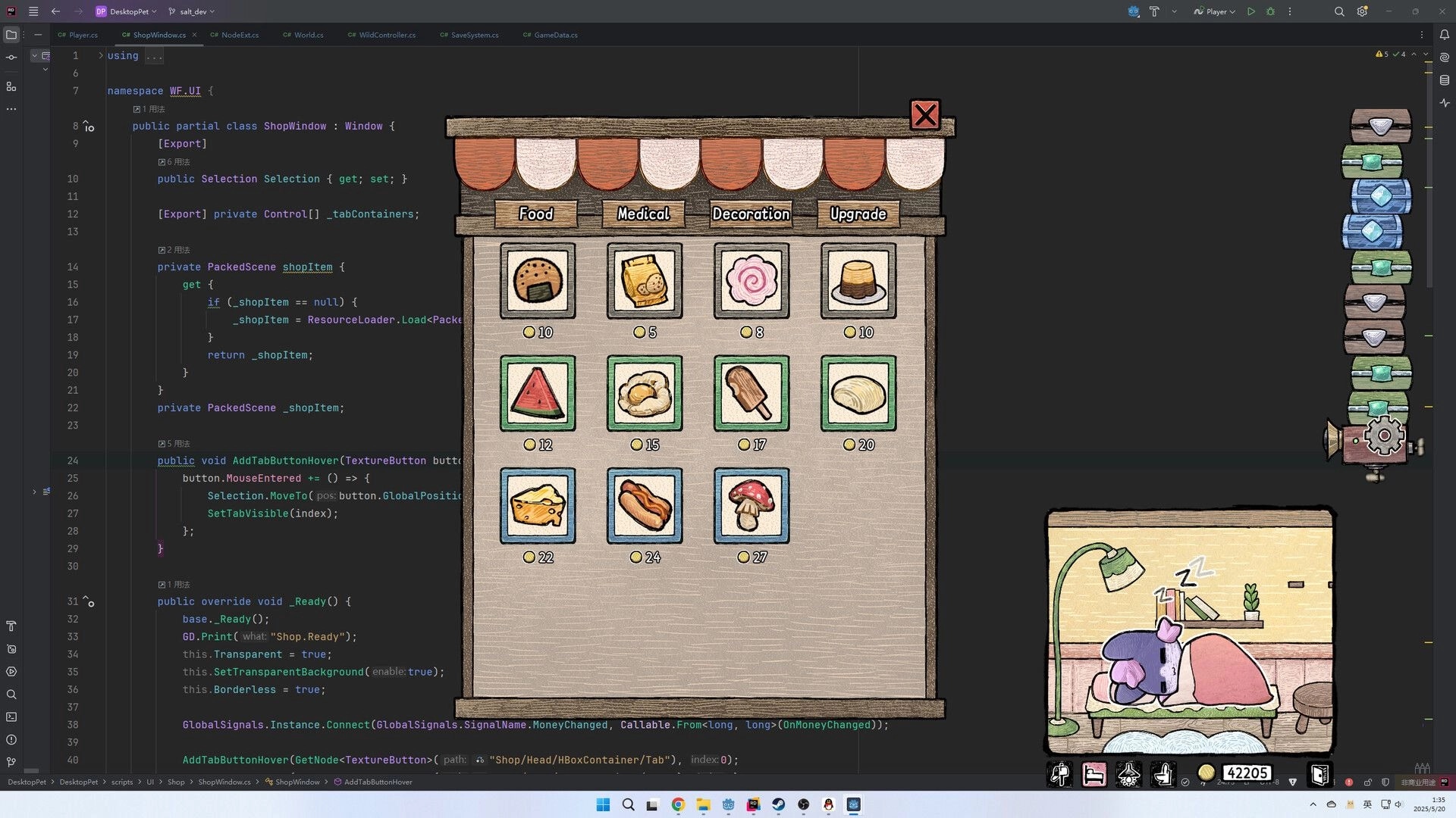 Eggo: Shop interface with food items and a cozy room where a purple Eggo sleeps under a lamp.