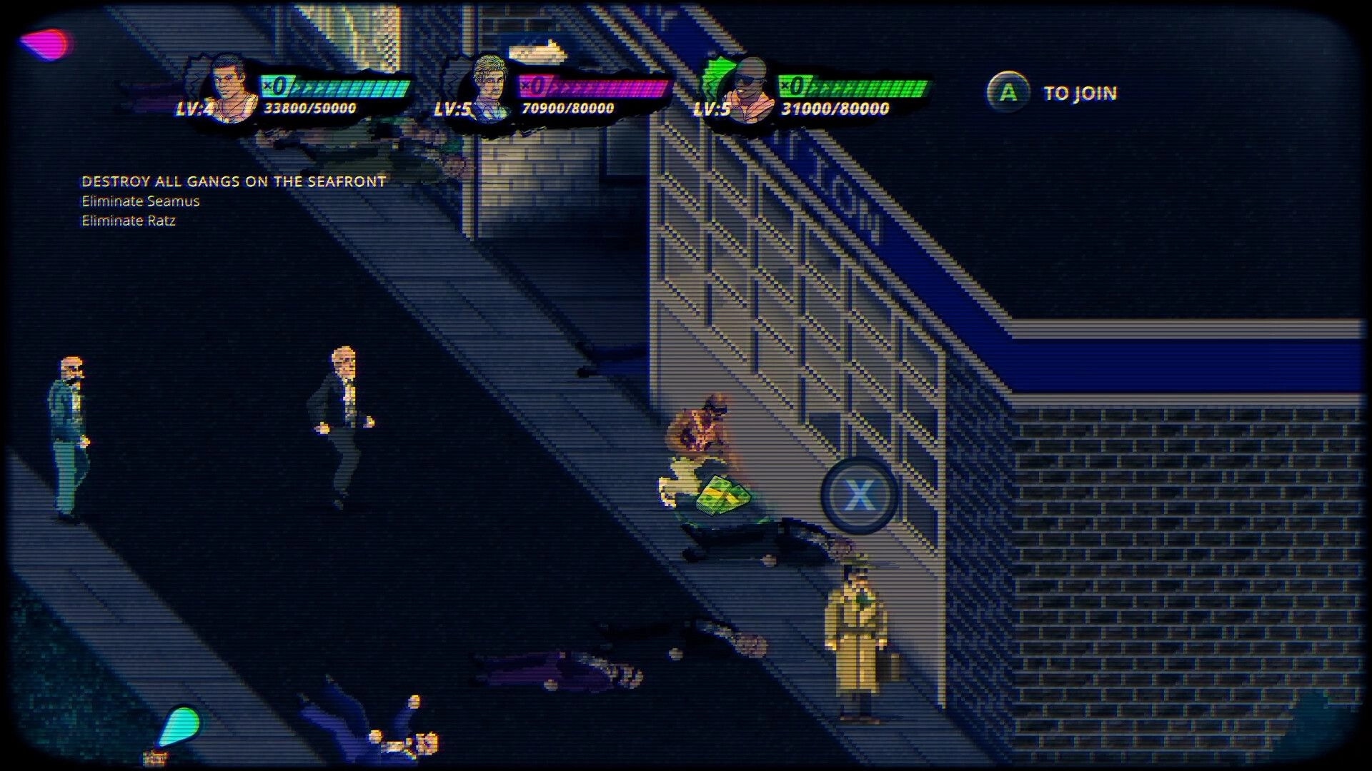 Eight Dragons 2: Characters fighting thugs on city streets with mission objectives displayed