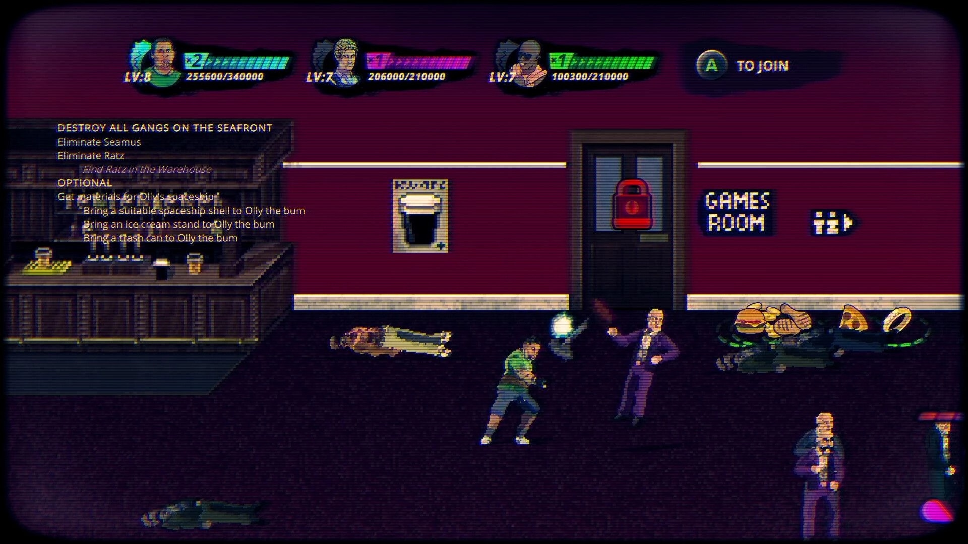 Eight Dragons 2: Two players battling enemies in a bar setting with objectives displayed on the screen.