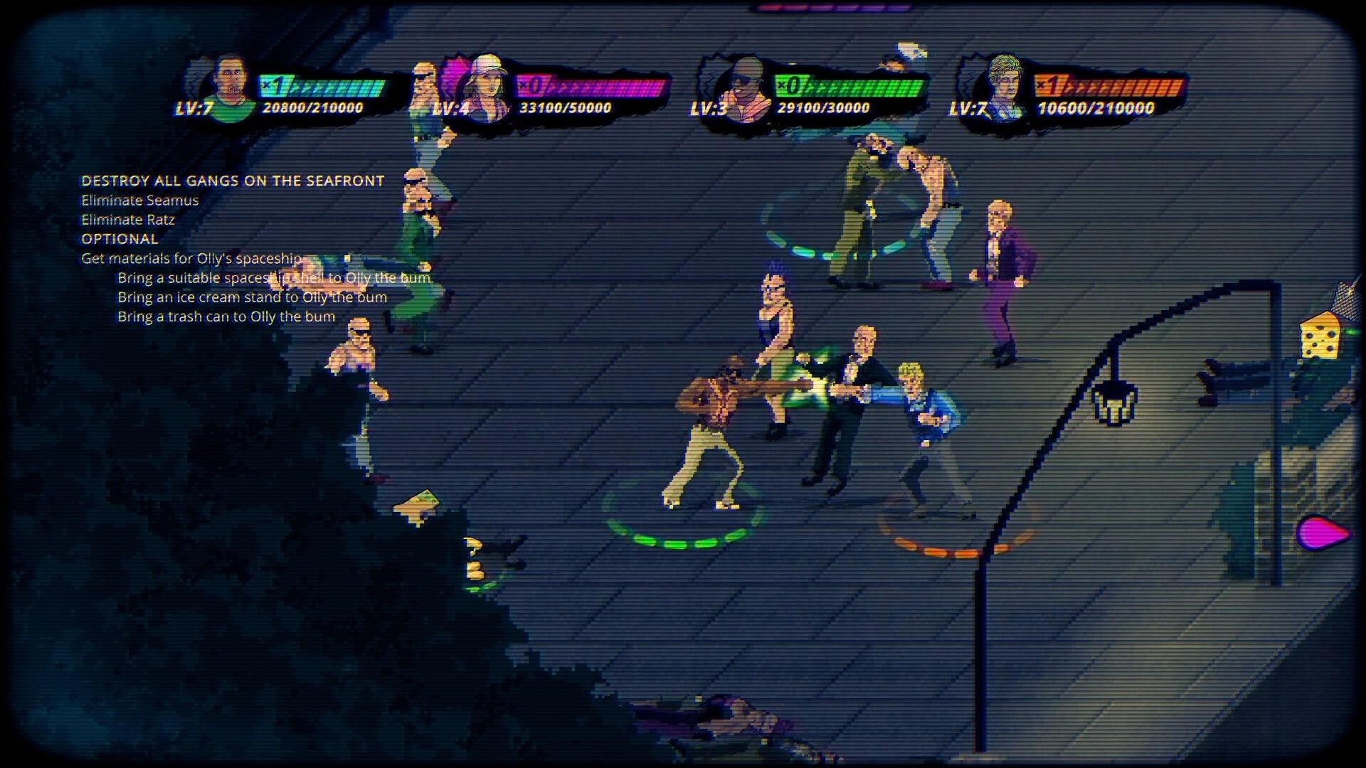 Eight Dragons 2: Street fight with thugs under streetlights, mission objectives on the left side.
