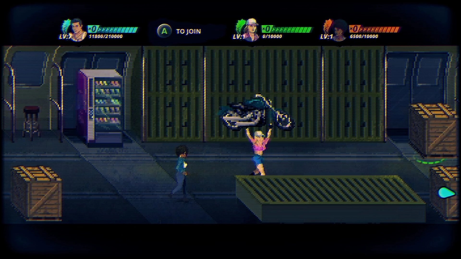 Eight Dragons 2: Character lifting motorcycle in warehouse setting with vending machine and crates nearby