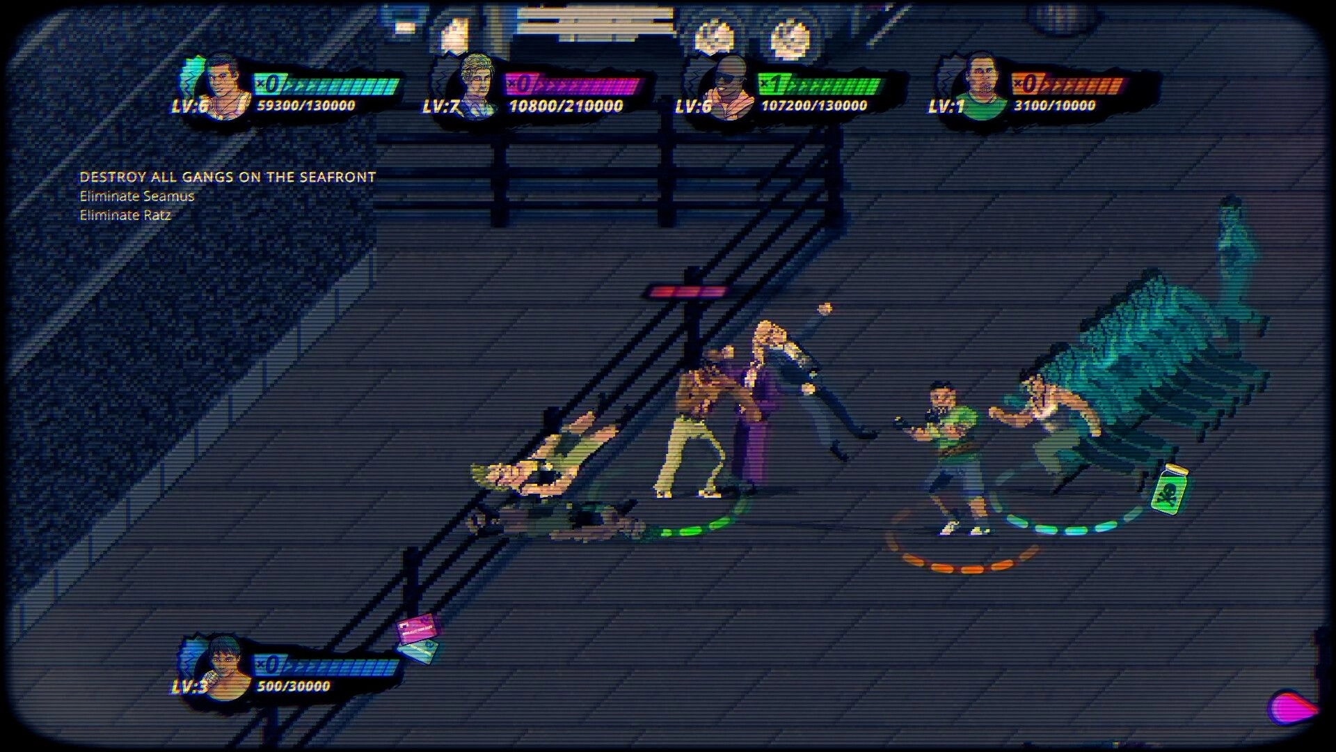 Eight Dragons 2: Intense street combat with players battling thugs on a dimly lit urban seafront.
