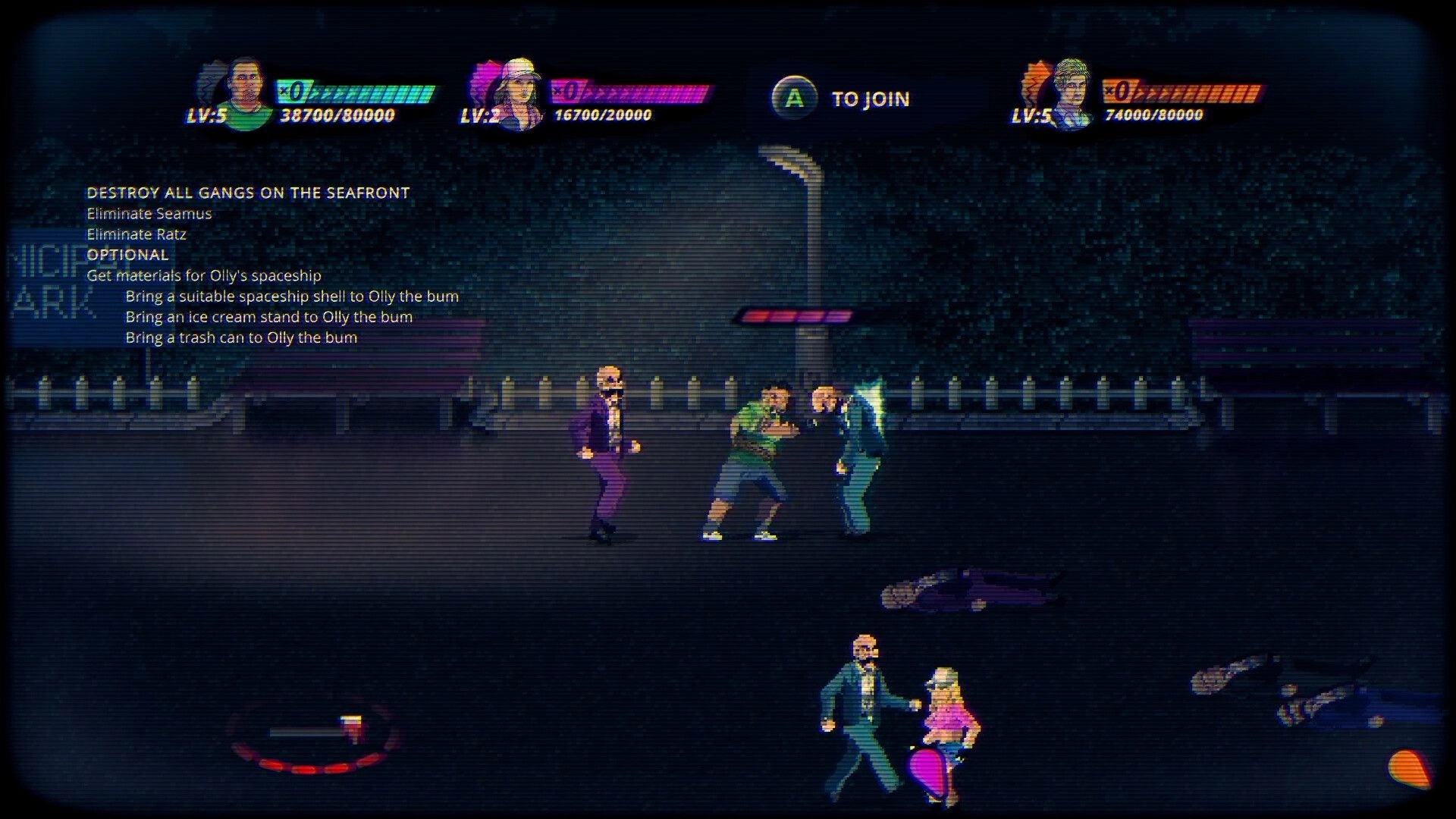 Eight Dragons 2: Street brawl with characters in park setting, visible mission objectives on left screen