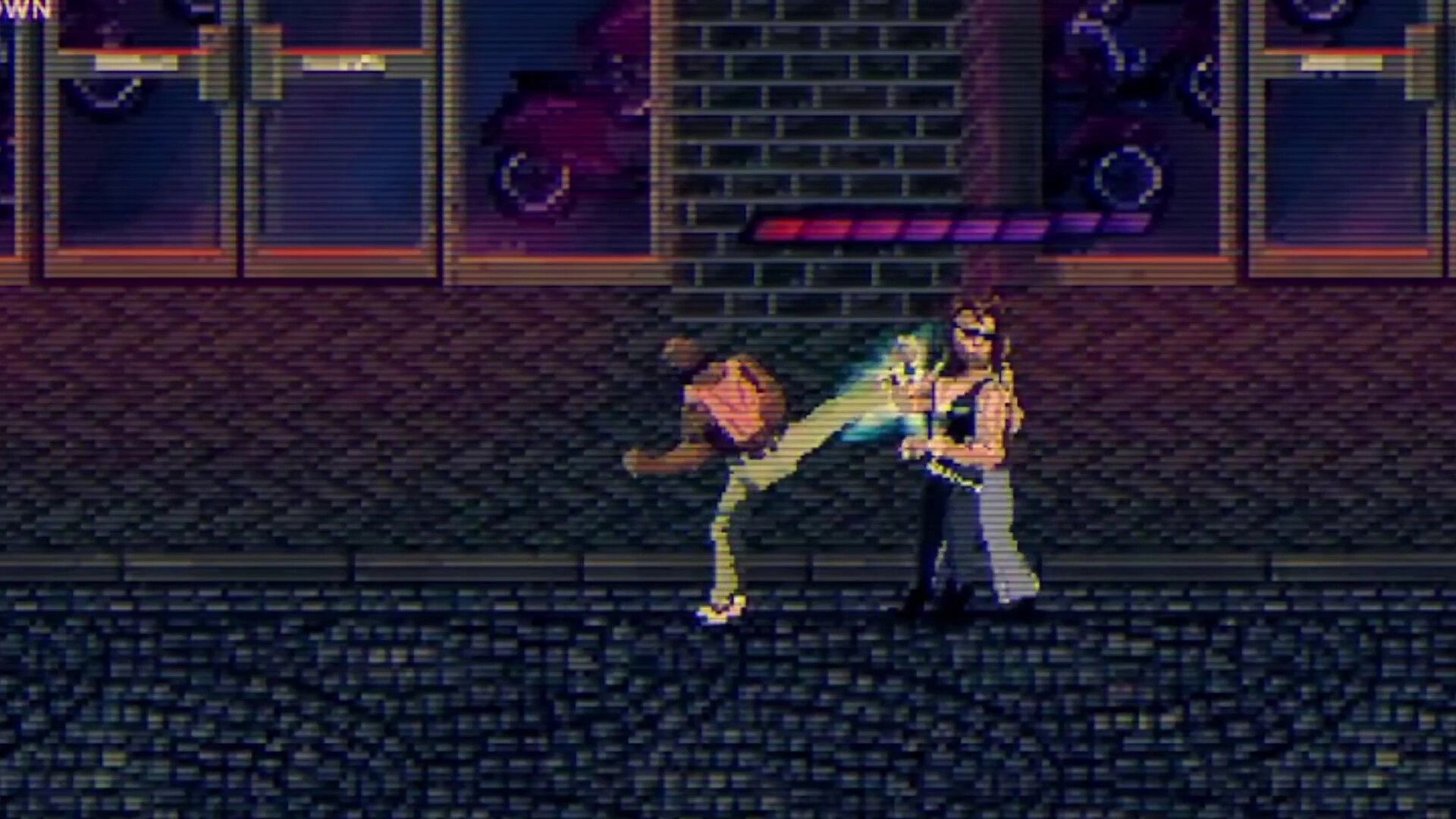 Eight Dragons 2: Hero delivers flying kick to thug on dark city street with motorcycles in shop window
