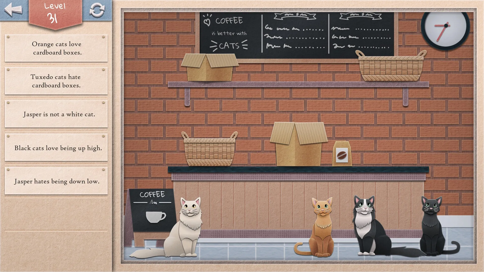 Einstein's Cats: Four cats sitting in a cozy café with cardboard boxes and a chalk menu board nearby.