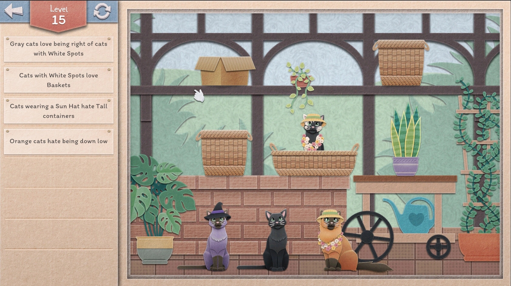 Einstein's Cats: Level 15 puzzle with cats in hats, baskets, and plants in cozy room environment