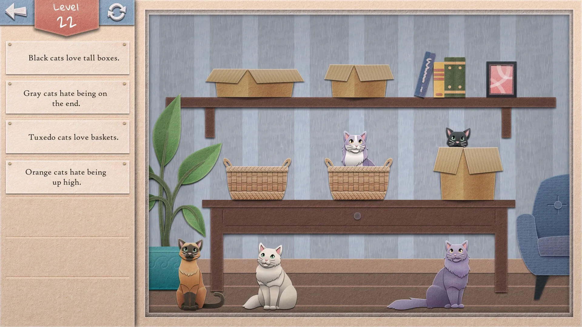 Einstein's Cats: Level 22 puzzle with cats in boxes and baskets on wooden shelves in cozy room.