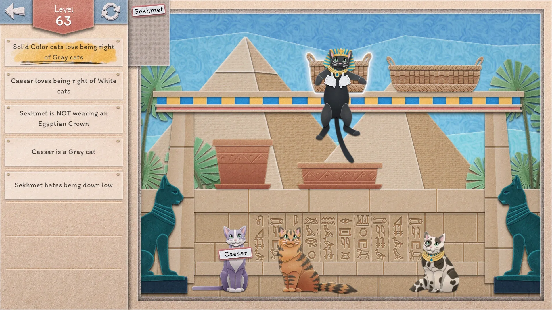 Einstein's Cats: Logic puzzle with cats Caesar and Sekhmet in Egyptian-themed temple setting