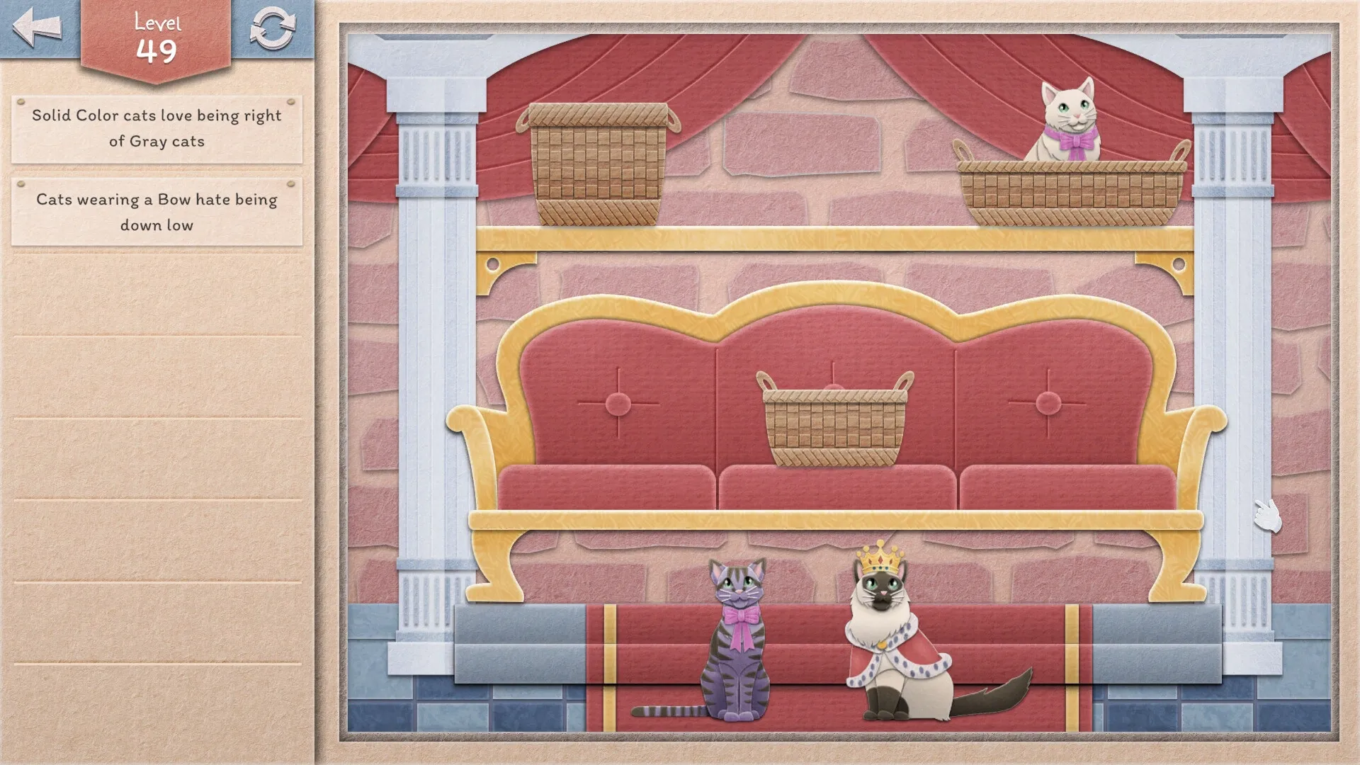 Einstein's Cats: Four cats in baskets and on couch, level 49 with logic rules displayed on left panel