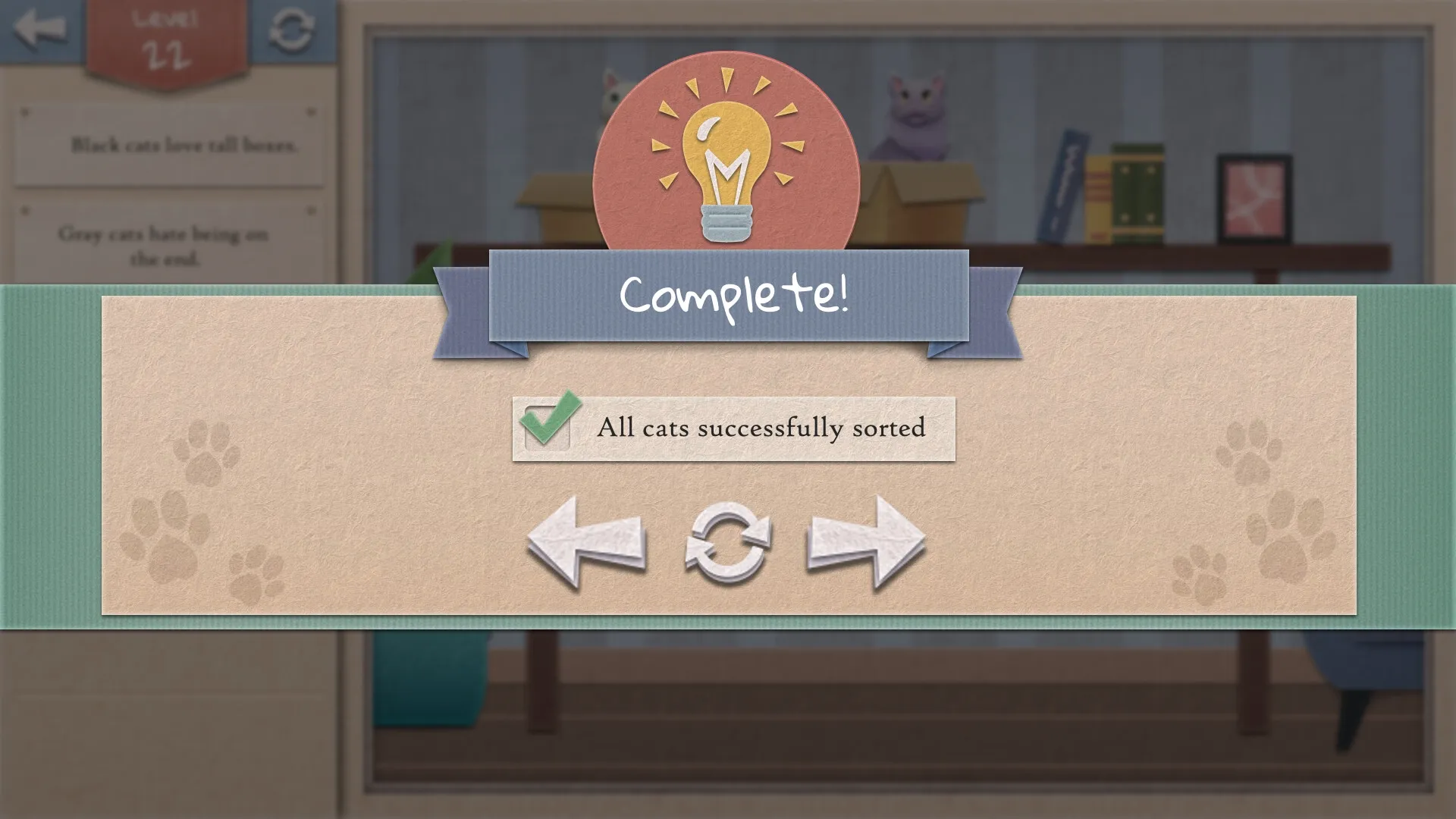 Einstein's Cats: Level 22 completion screen with sorted cats message and navigation buttons
