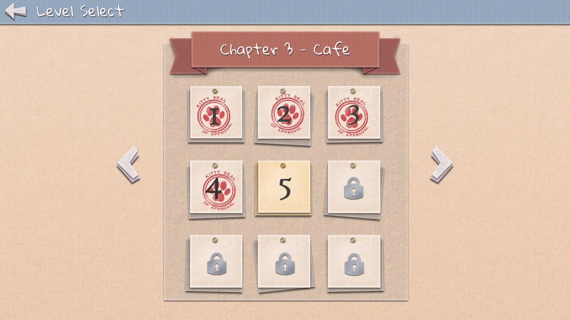 Einstein's Cats: Level selection screen for Chapter 3 - Cafe with unlocked and locked stages visible