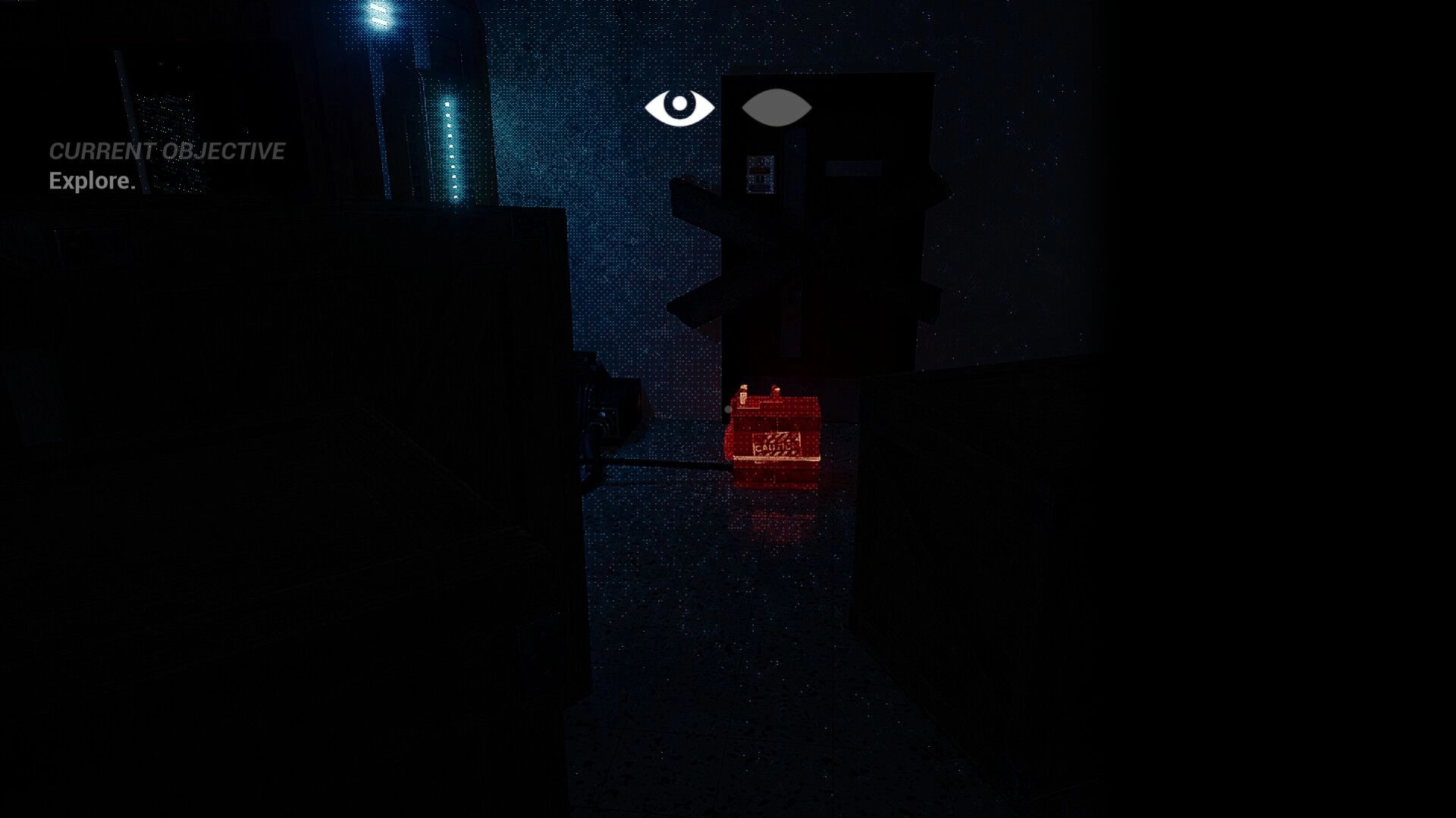 Either Eye: Dark room with a red light, boarded door, and current objective text "Explore" visible.