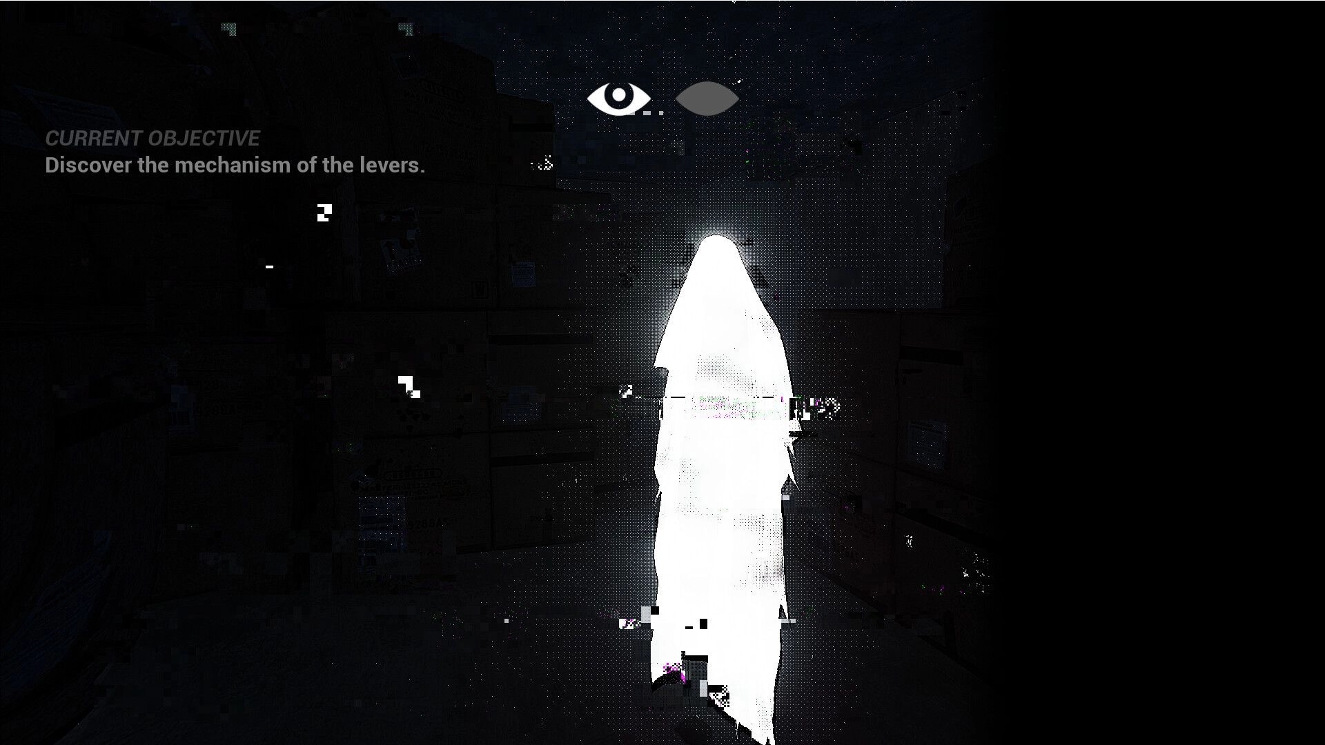 Either Eye: Glowing figure stands in shadowy room with objective to discover lever mechanism displayed