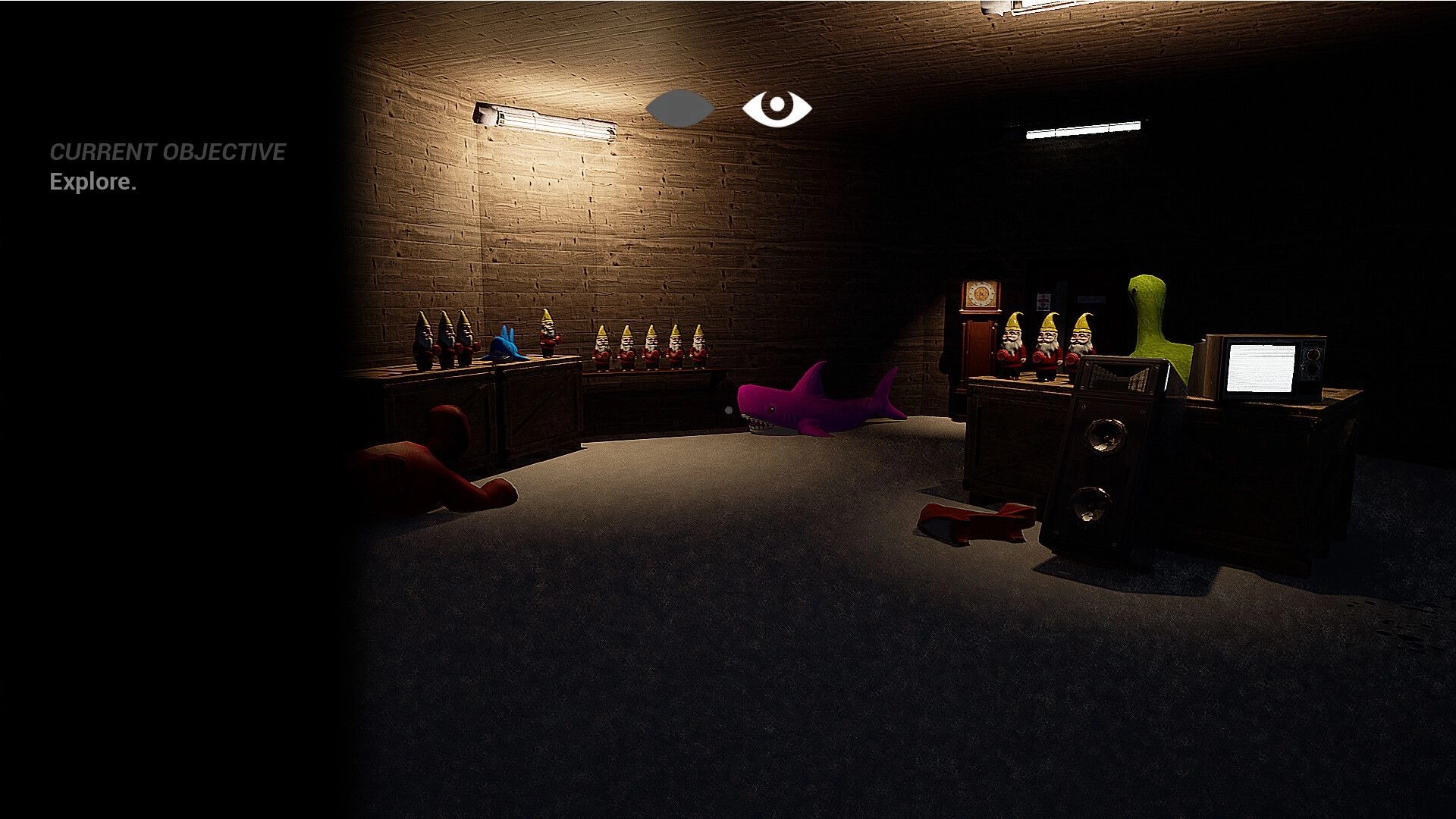 Either Eye: Objective is to explore a dimly lit room filled with garden gnomes and a purple shark toy.