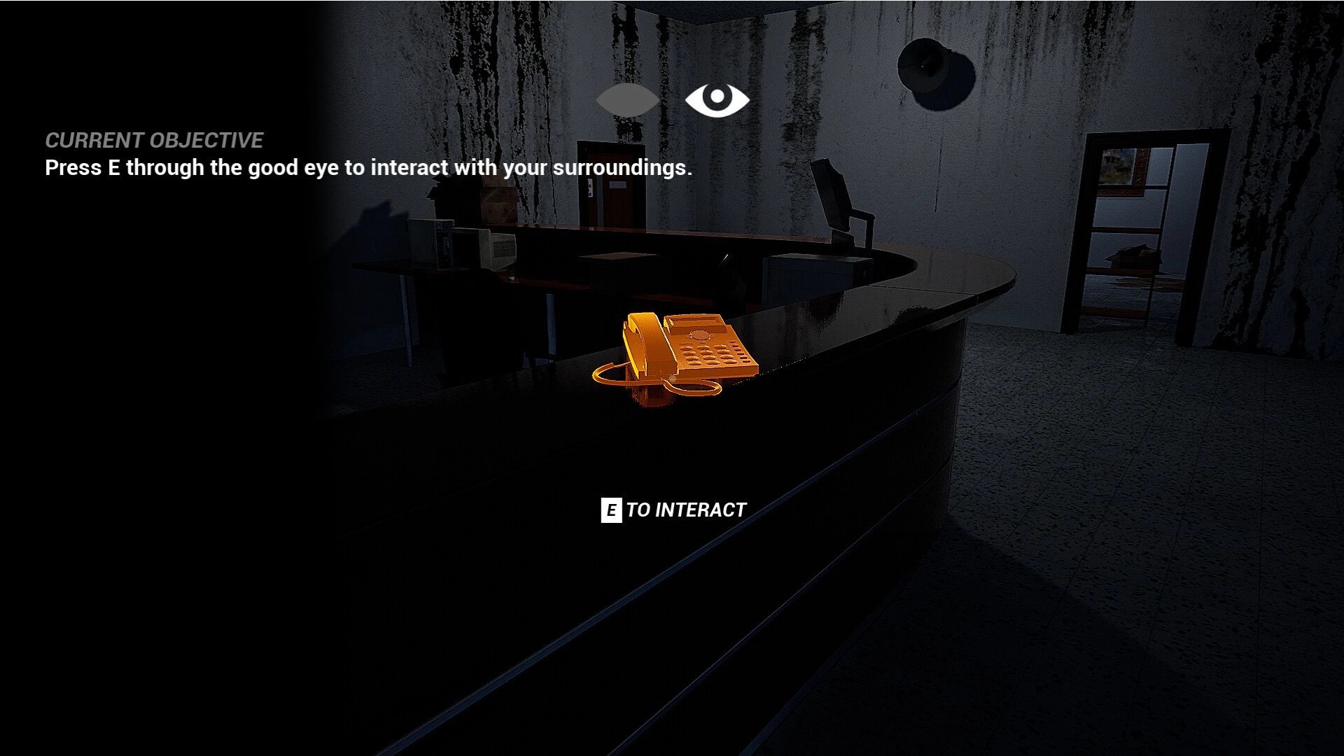 Either Eye: Orange phone on dark reception desk with "E to interact" prompt in dimly lit office room