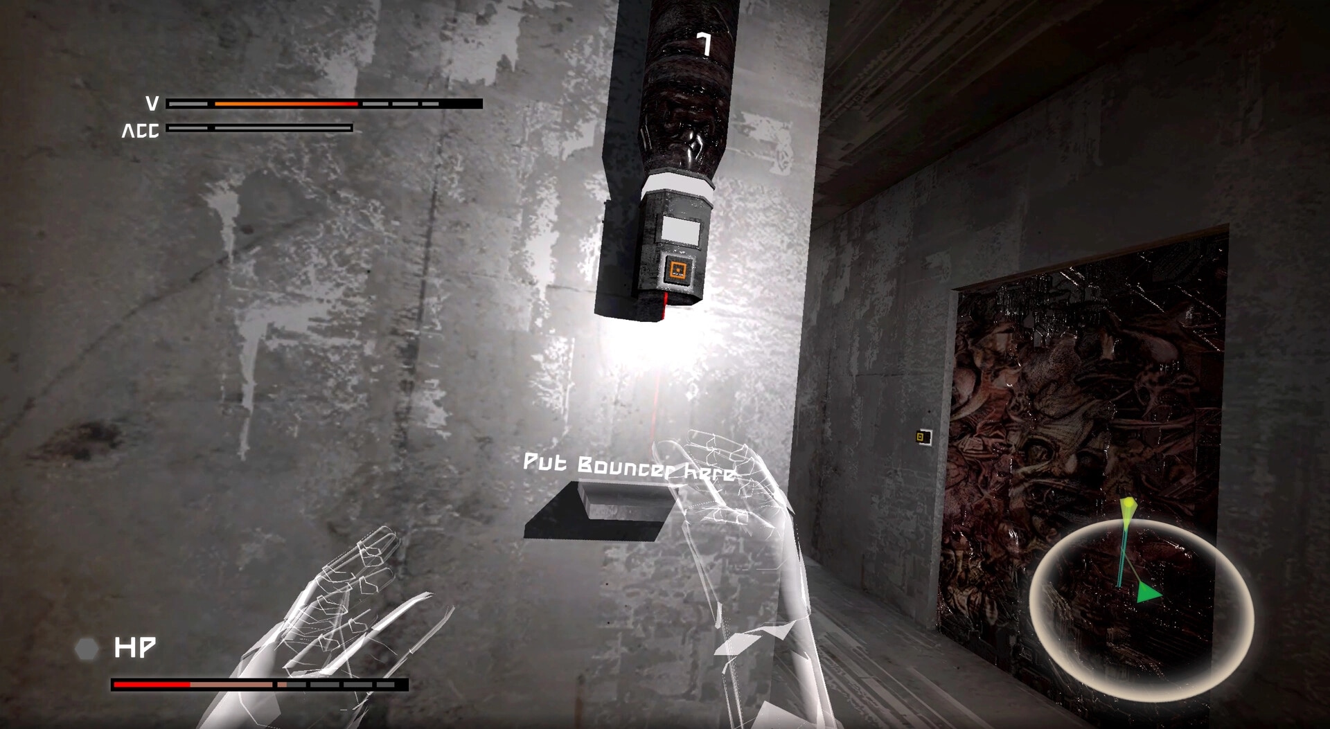 Ekholux: VR hands place a bounce pad on a wall in a concrete chamber, with HP and radar UI.