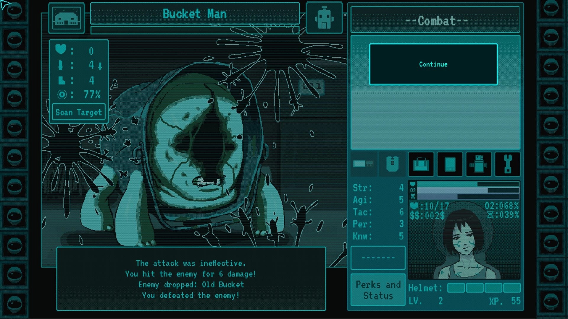 Eldread: Combat screen vs Bucket Man with Continue button and damage log in teal CRT UI.