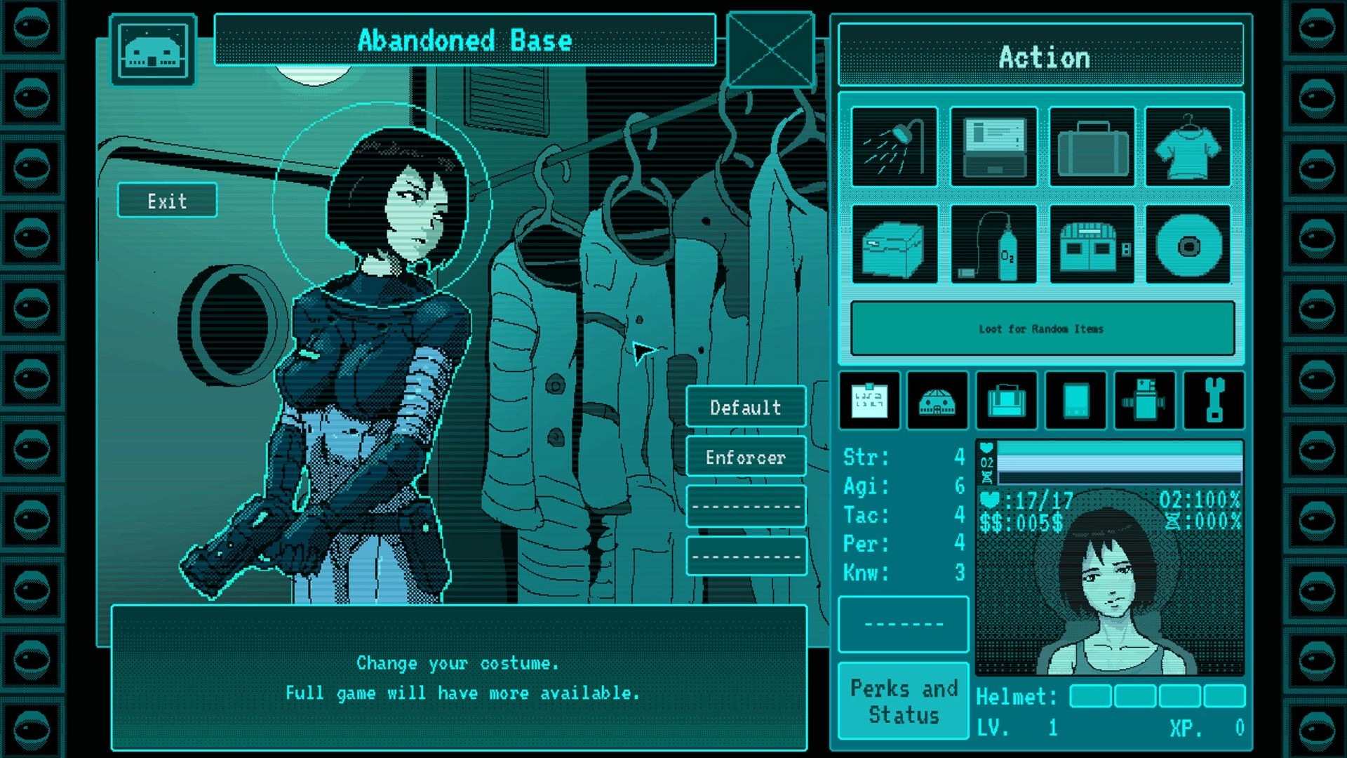 Eldread: Character equipment screen with suited woman, outfit rack, stats panel, and action icons.