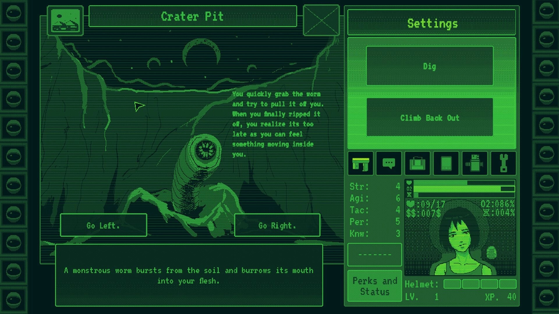 Eldread: Crater Pit event screen with worm attack text, Dig/Climb buttons and character stats panel.