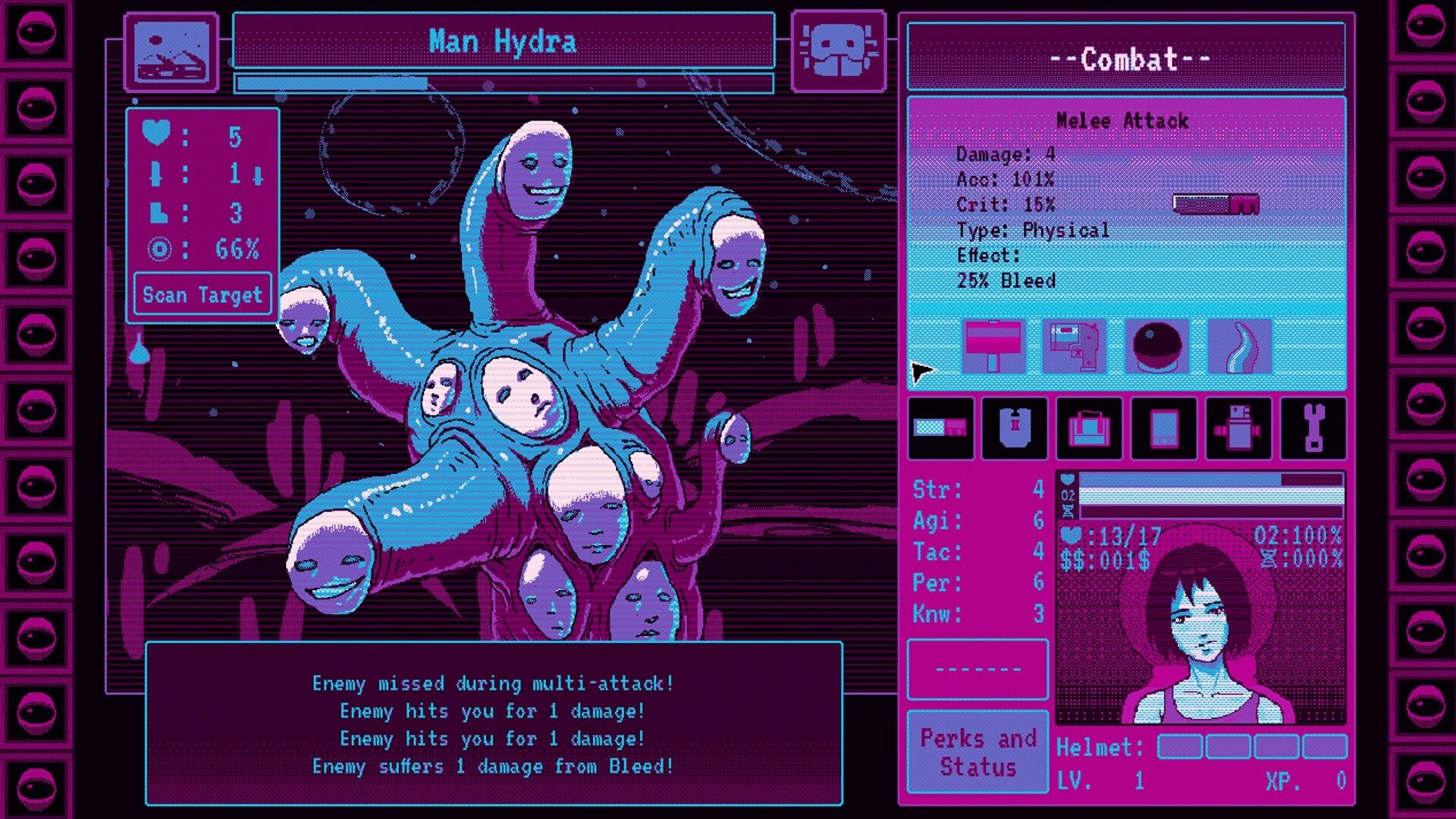 Eldread: Combat UI versus Man Hydra multi-headed foe, melee attack stats shown in alien terrain.