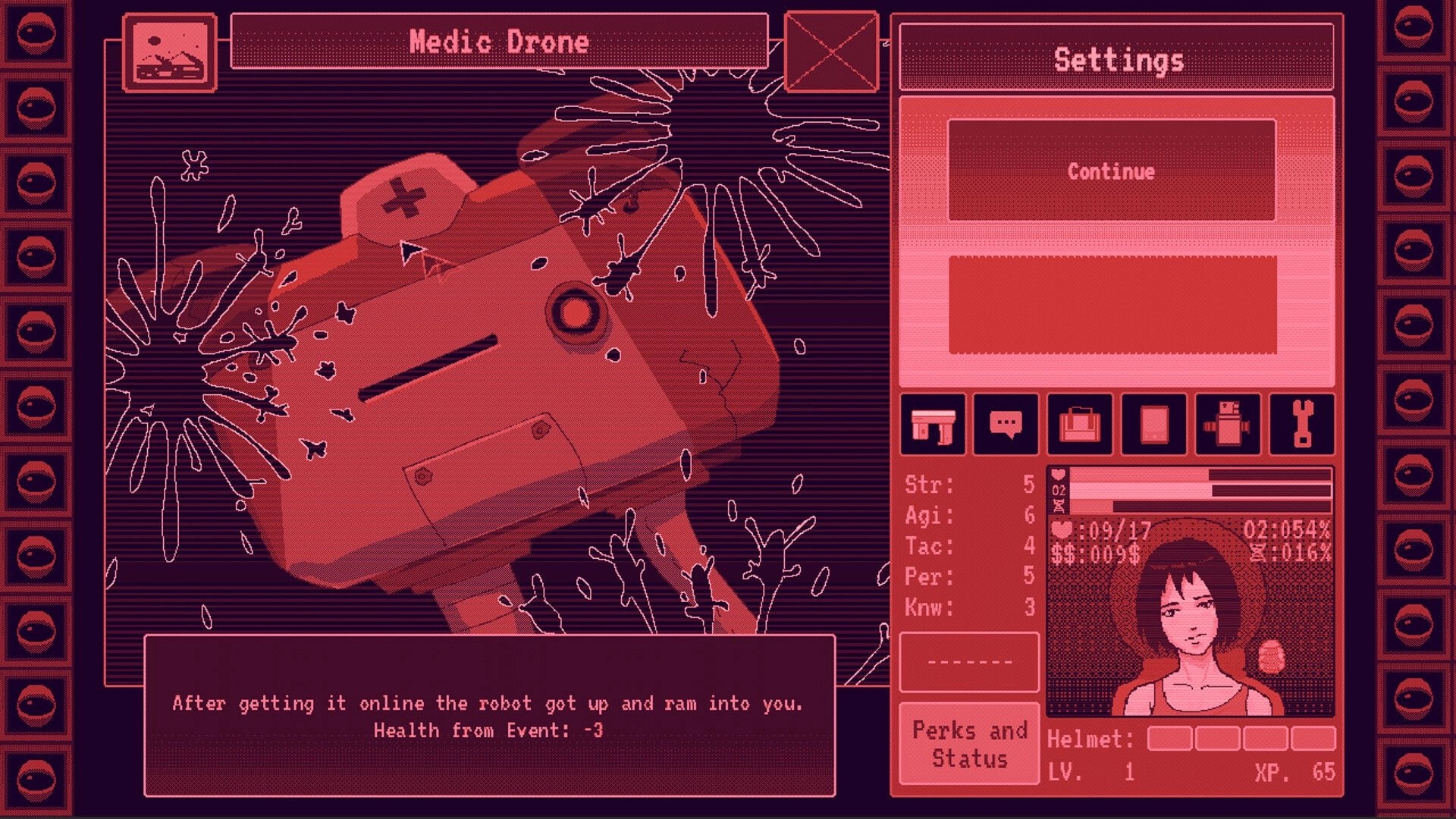 Eldread: Medic Drone event screen with damaged robot art, continue menu, and stats panel on right.